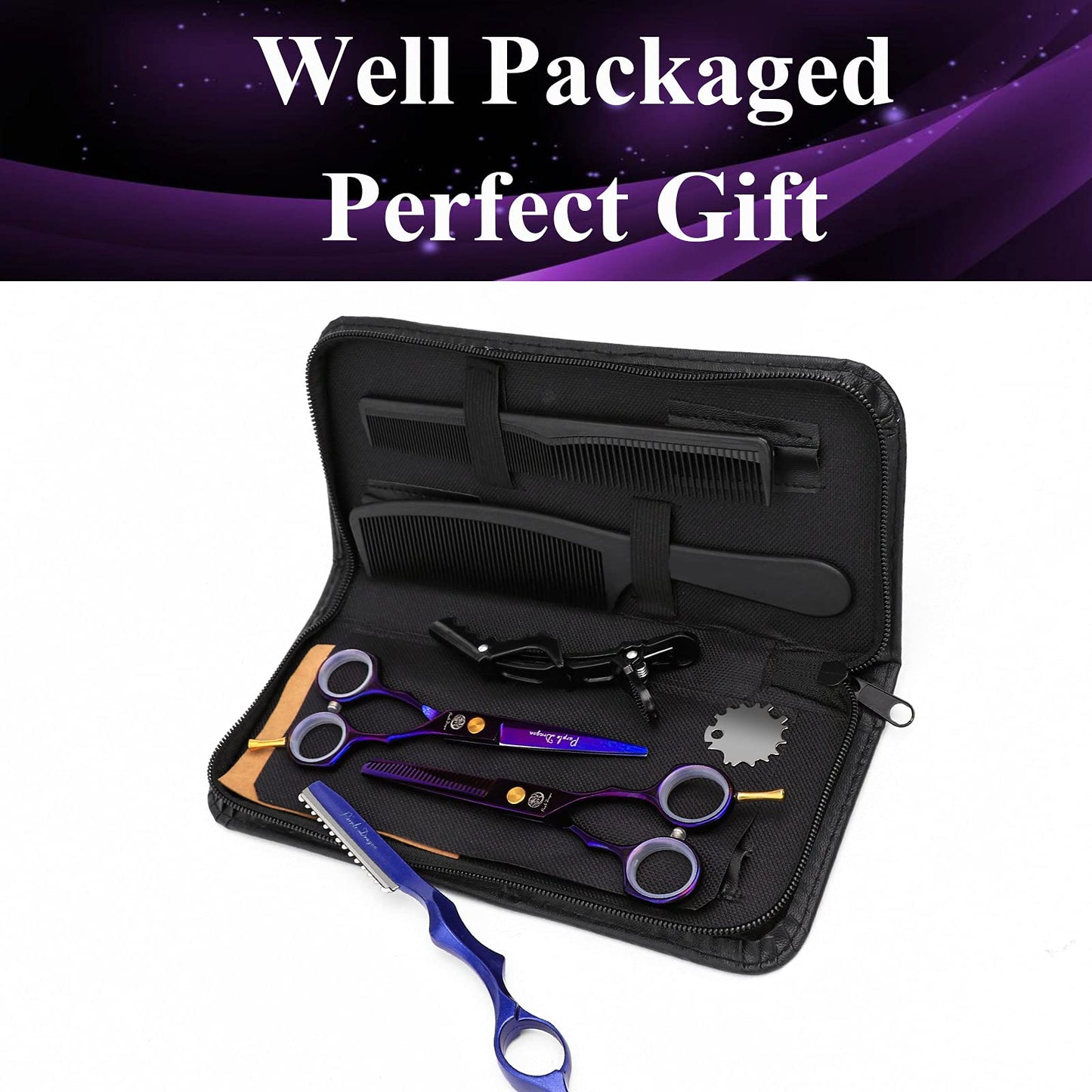 Purple Dragon 5.5 inch Hair Cutting Scissors Set with Razor, Leather Scissors Case, Barber Hair Cutting Shears Hair Thinning/Texturizing Shears for Professional Hairdresser or Home Use (Purple)