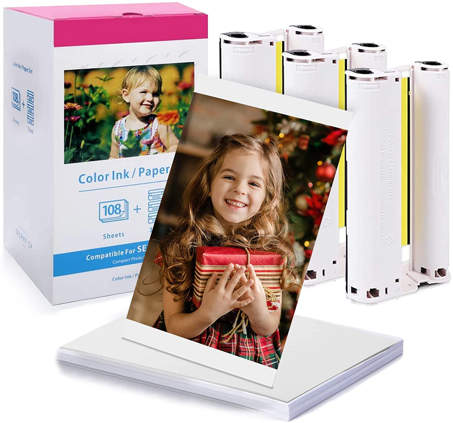 Replacement Selphy CP1300 Paper and Ink, KP-108IN 4x6 Inch Photo Paper for Selphy CP1300 CP1200 CP1000 CP910 CP900 CP800 CP790 Photo Printers, 108 Sheets Photo Paper Set and 3 Color Cartridges