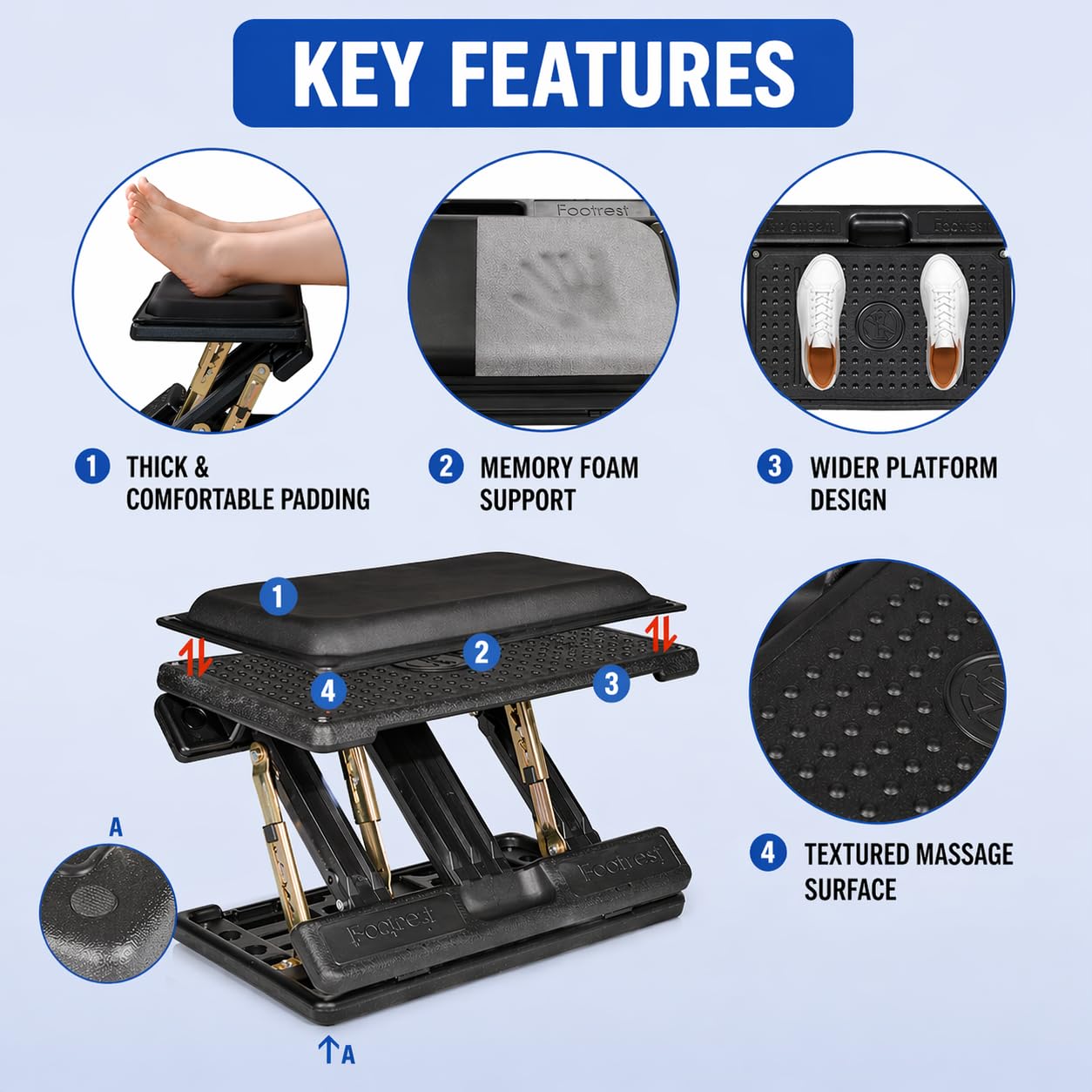 Leermart Adjustable Footrest Widen with Removable Foam Cushion for Office Under Desk Car Home Stool 4 Angle Height Adjust for Improved Posture Back & Hip Pain Relief（Black Plus）