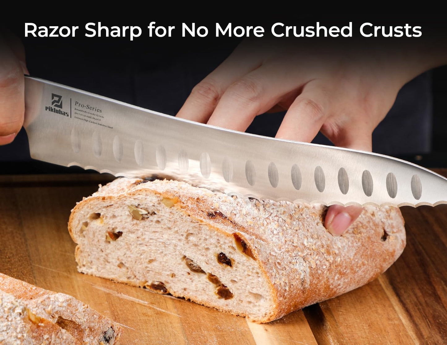 Piklohas Resharpenable Bread Knife, 10-inch Multifunction Serrated Knife, German HC Stainless Steel Bread Cutting Knife with Innovative Wavy Edge for Efficient Slicing, Razor Sharp for Homemade Bread