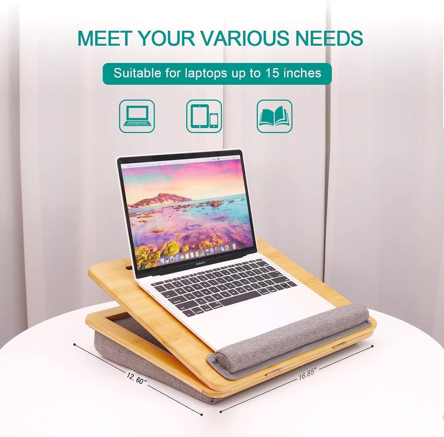 Lap Desk Laptop Tray with Cushion Portable Bed Tray Desk, Ergonomic Design Adjustable Angle Lap Desk with Tablet Phone Holder, for Home Office, Sofa, Bed, Couch and car. Bamboo Cushioned Laptop Tray