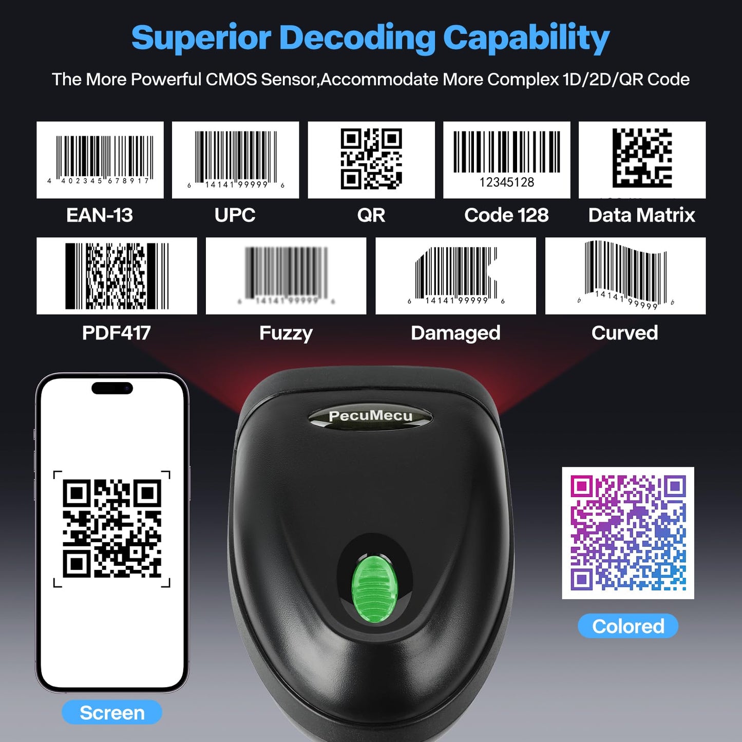 PecuMceu Bluetooth 1D&2D Barcode Scanner, 3-in-1 Bluetooth & USB Wired & 2.4G Wireless QR Barcode Reader, PDF417 Data Matrix Handheld Bar Code Scanner Work with Windows, Android, iOS (TM-10B)