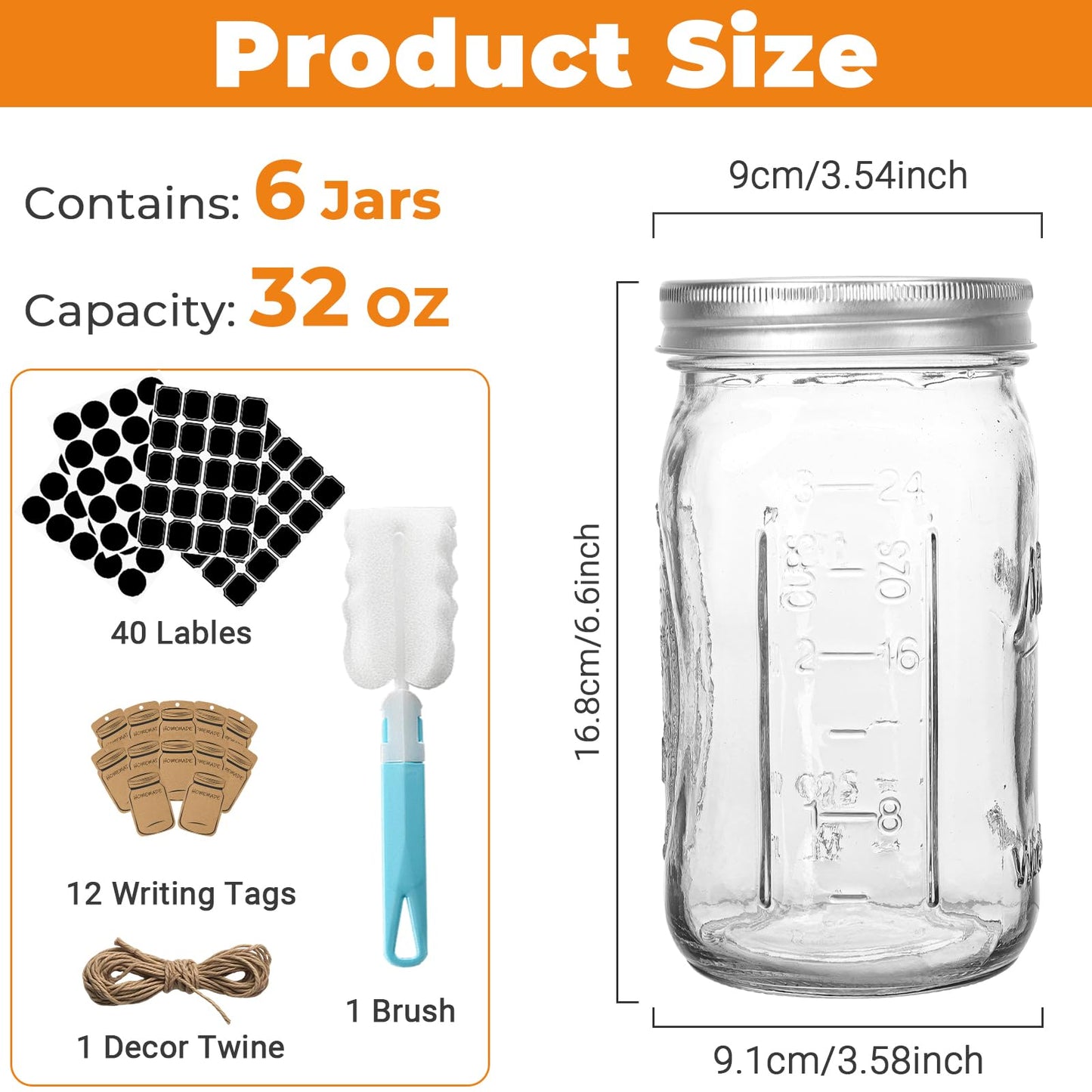 CycleMore 32oz 6 Pack Mason Glass Jars with Black Lids, Clear Regular Mouth Canning Jars for Jelly, Jam, Honey, Wedding Favors, Spices and Herbs