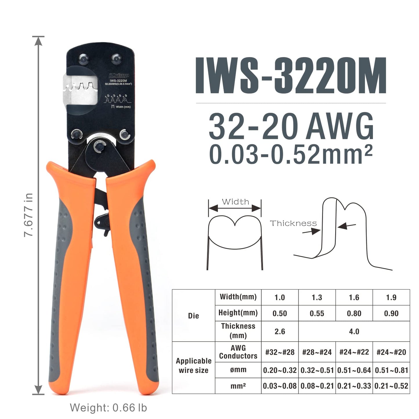 iCrimp IWS-3220M Micro Connector Pin Crimping Tool 0.03-0.52mm² 32-20AWG Ratcheting Crimper for D-Sub,Open Barrel suits Molex,JST,JAE,TYCO-E