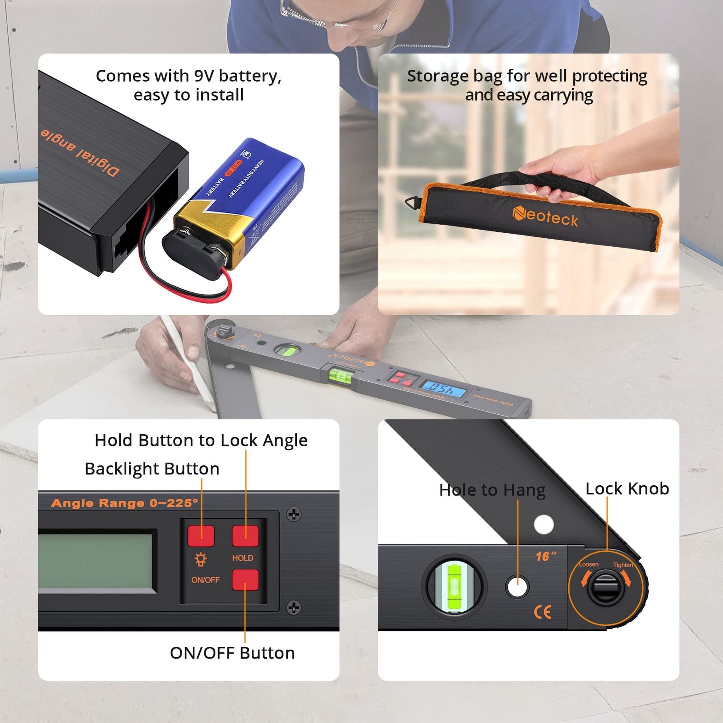 Neoteck Aluminum Angle Finder 225° 16 inch Digital Protractor Angle Ruler LCD Backlight Digital Angle Measuring Tool with Horizontal&Vertical Bubble for Woodworking Construction DIY