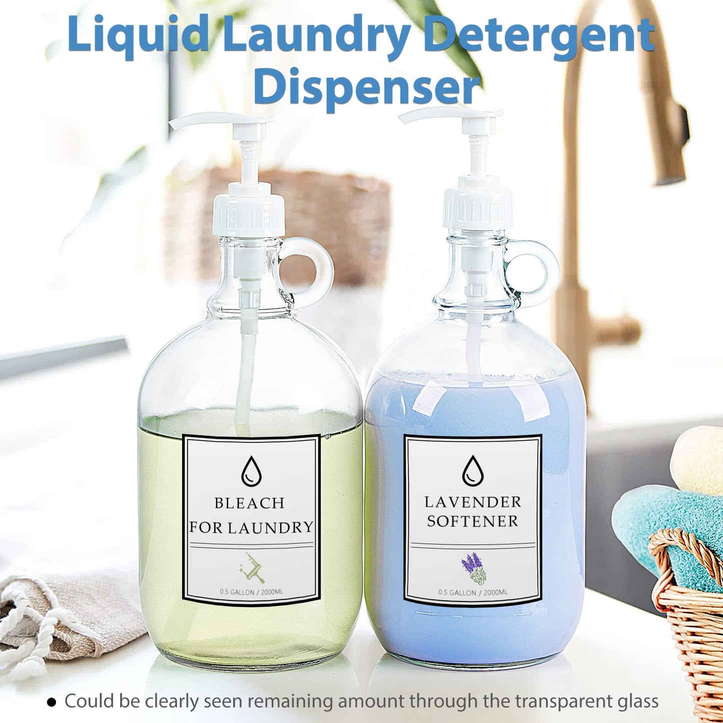Sovietiep Half Gallon Glass Soap Dispenser, 64 Oz Glass Pump Bottle for Laundry Detergent Dispenser w 4 Pumps and 2 Airtight Lids, Bathroom, Kitchen, Laundry Room(Extra Labels and Funnel) - Set of 2