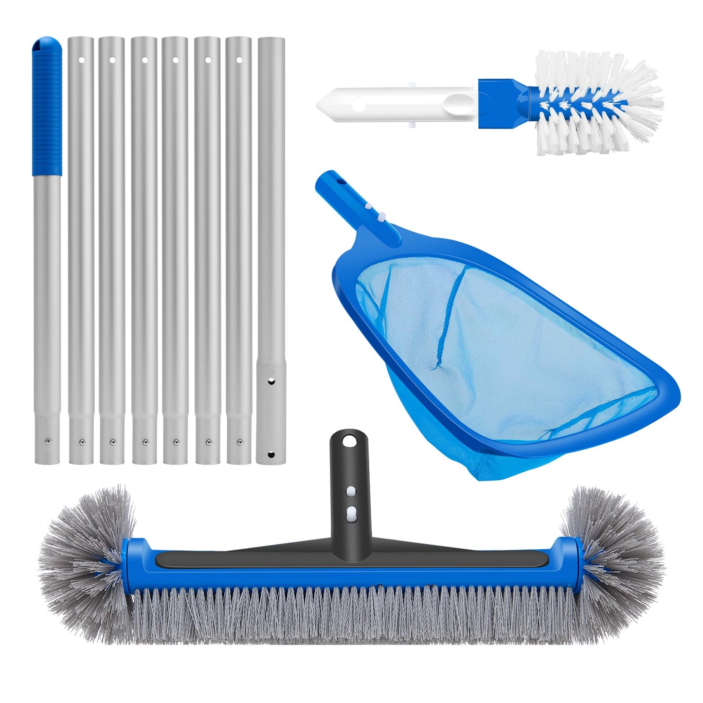 4-in-1 Deluxe Pool Cleaning kit, Pool Cleaning Tools -13.4'' Fine Mesh Skimmer Net with 10Ft Adjustable Pole, 17.3'' Swimming Pool Brush & Extra Brush Head for Cleaning Inground & Above Ground Pools