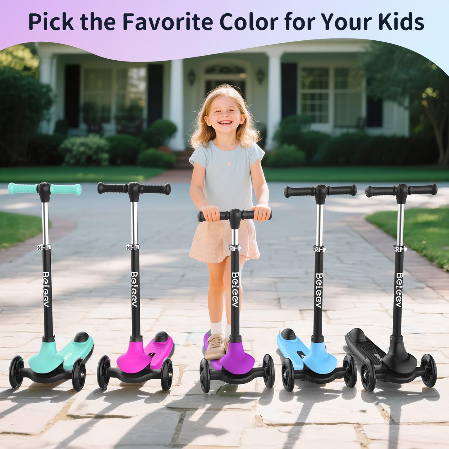 BELEEV A6 Scooter for Kids with Light-Up Deck & Wheels, 3 Wheel Kick Scooter for Toddlers Girls Boys Ages 3-8, 4 Adjustable Height, Non-Slip Deck, Lightweight Scooter for Children (Purple)