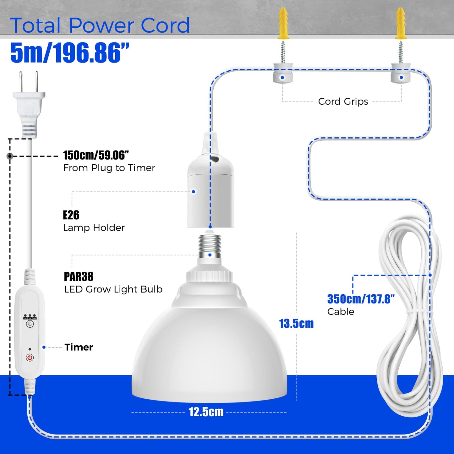 Barrina LED Grow Light Bulb with Timing and Hanging System, 25W 5000K Full Spectrum, 4H/9H/14H Timer, Hanging Grow Lights for Indoor Plants with 16.4FT Power Cord, Pendant Light for Plants