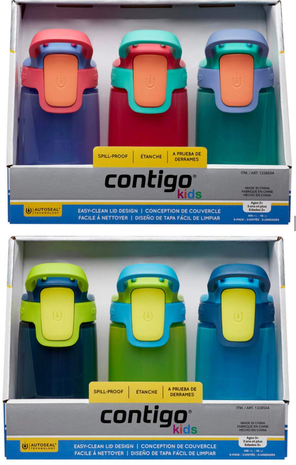 Contigo flasks Navy/Green/Blue Autoseal Sip Kids 415ml Water Bottles, 3 Pack