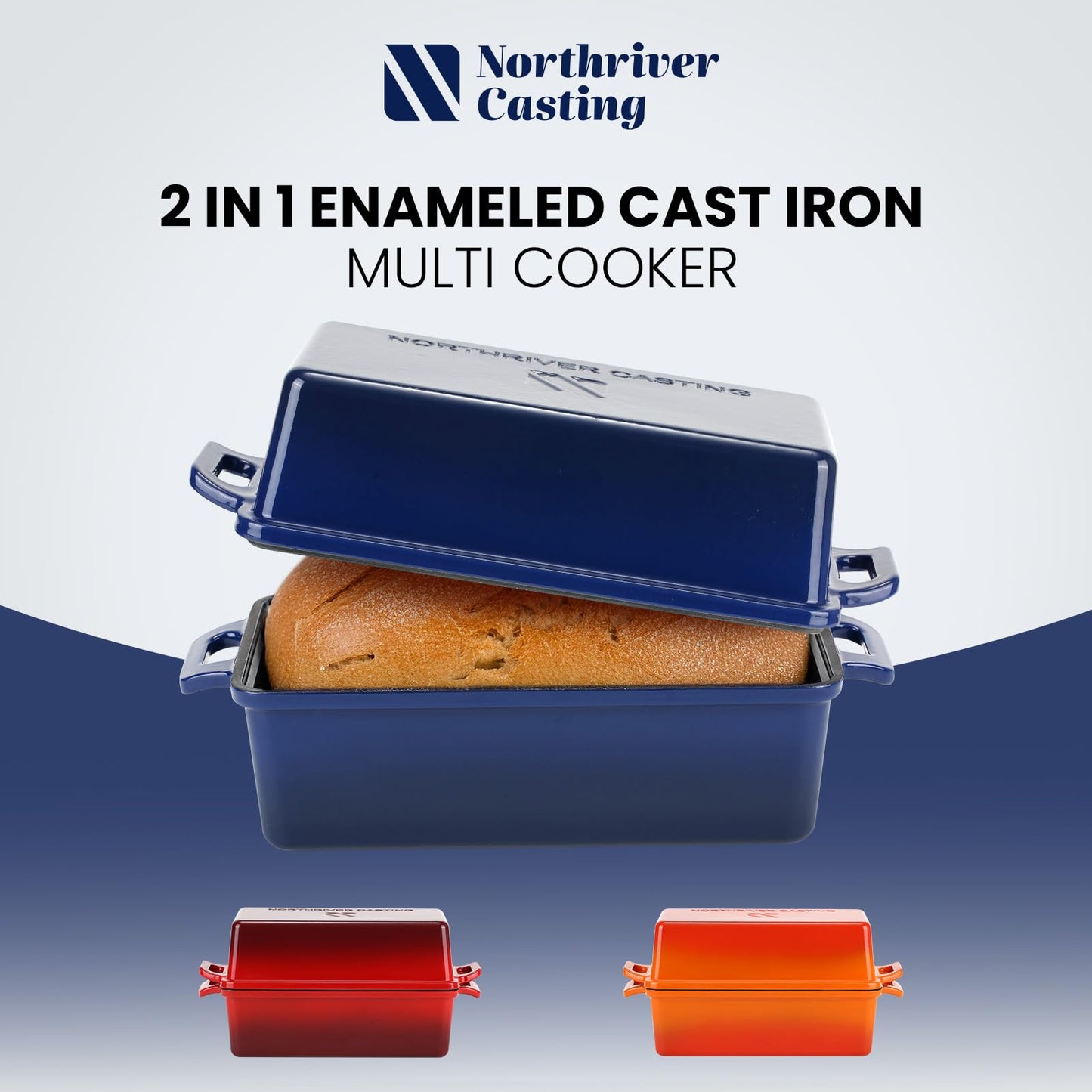 Northriver Casting 2 in 1 Enameled Cast Iron Bread Pan with Lid, Perfect Bread Oven, Loaf Pans for Baking Homemade Sourdough Bread 9x5, 2 Piece set, Navy Blue