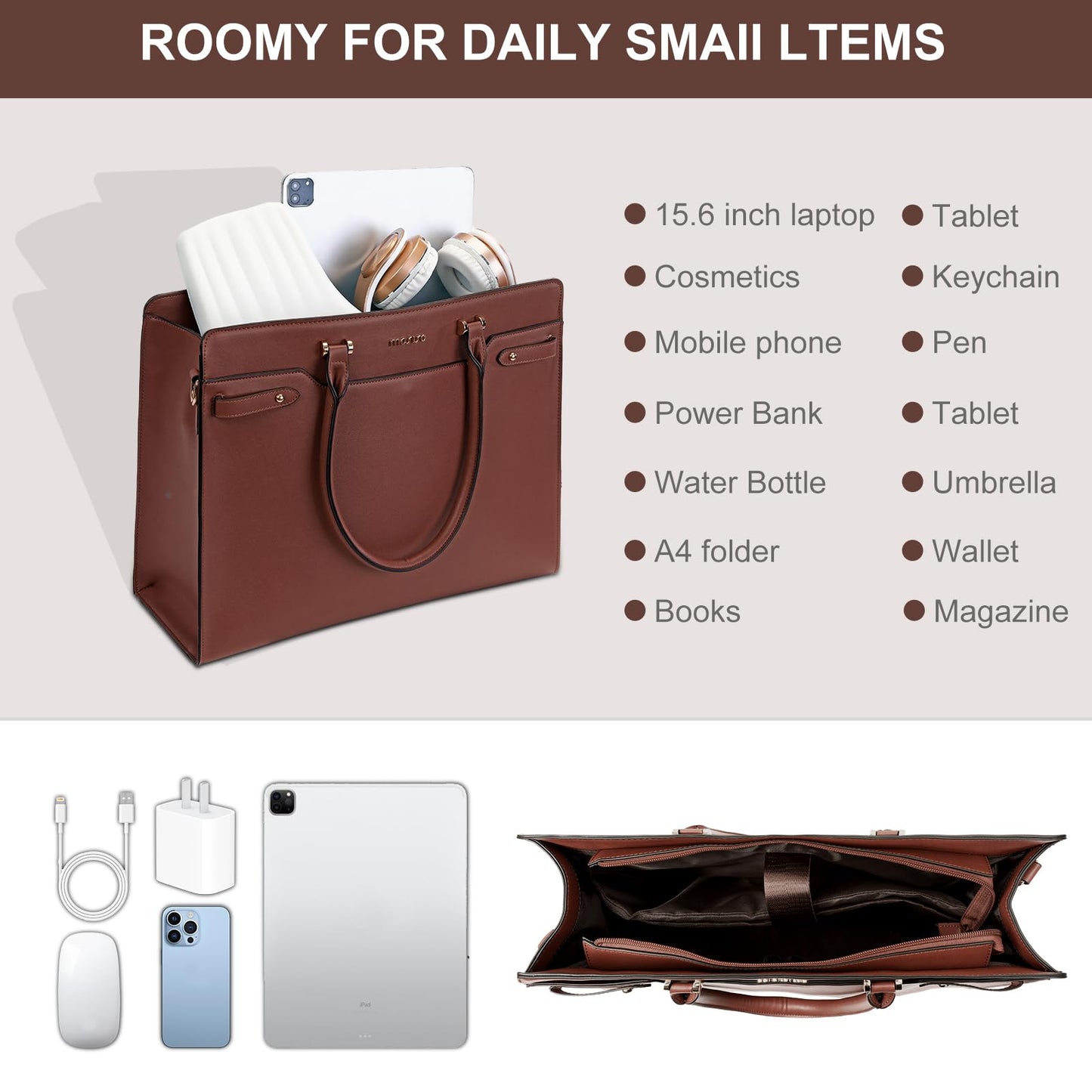 MOSISO Laptop Bag for Women, 15.6 inch Laptop Tote Bag, Waterproof Leather Front Magnetic Clasp Pocket Work Bag, Large Capacity Computer Briefcase Shoulder Bag for Teacher Office Travel, Brown