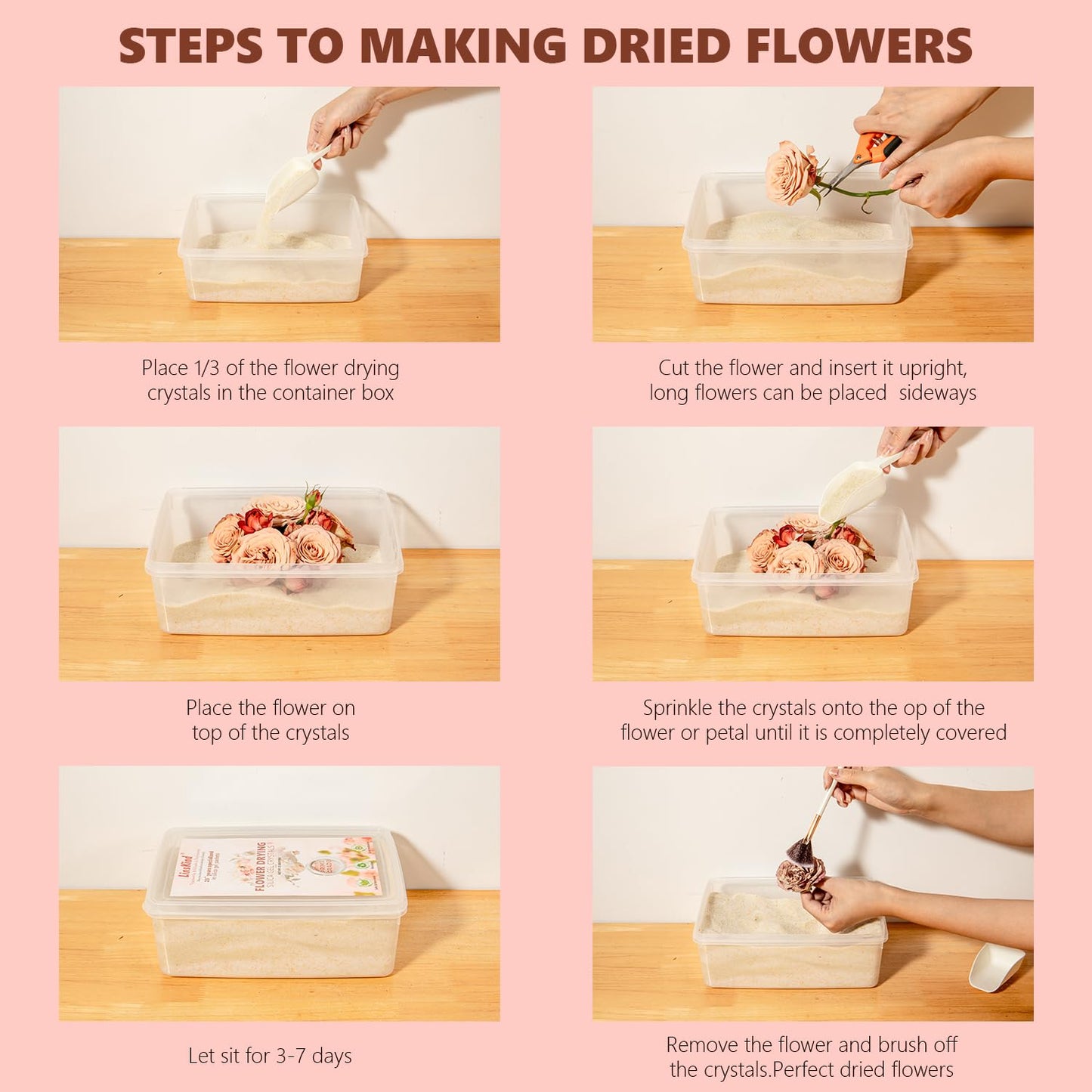 LinsKind Flower Drying Silica Gel Crystals with Container Brush, 5LBS Silica Gel Flower Drying Fine Crystals, Color Indicating Flower Drying Wedding Bouquet Flower Preservation Kit for Resin Mold