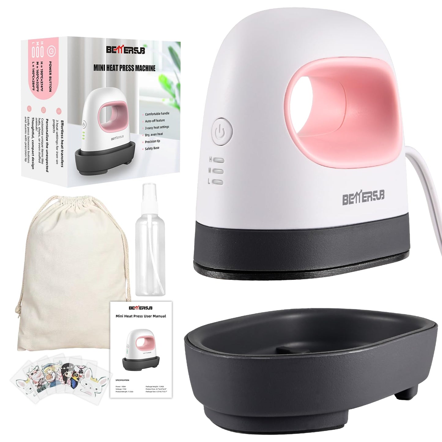 BetterSub Mini Heat Press Machine, Small Heat Press Portable Iron Press Machine, Sublimation and HTV Vinyl Shirt Press Machine for Hat, Bags, Heating Transfer Small Projects (Pink)