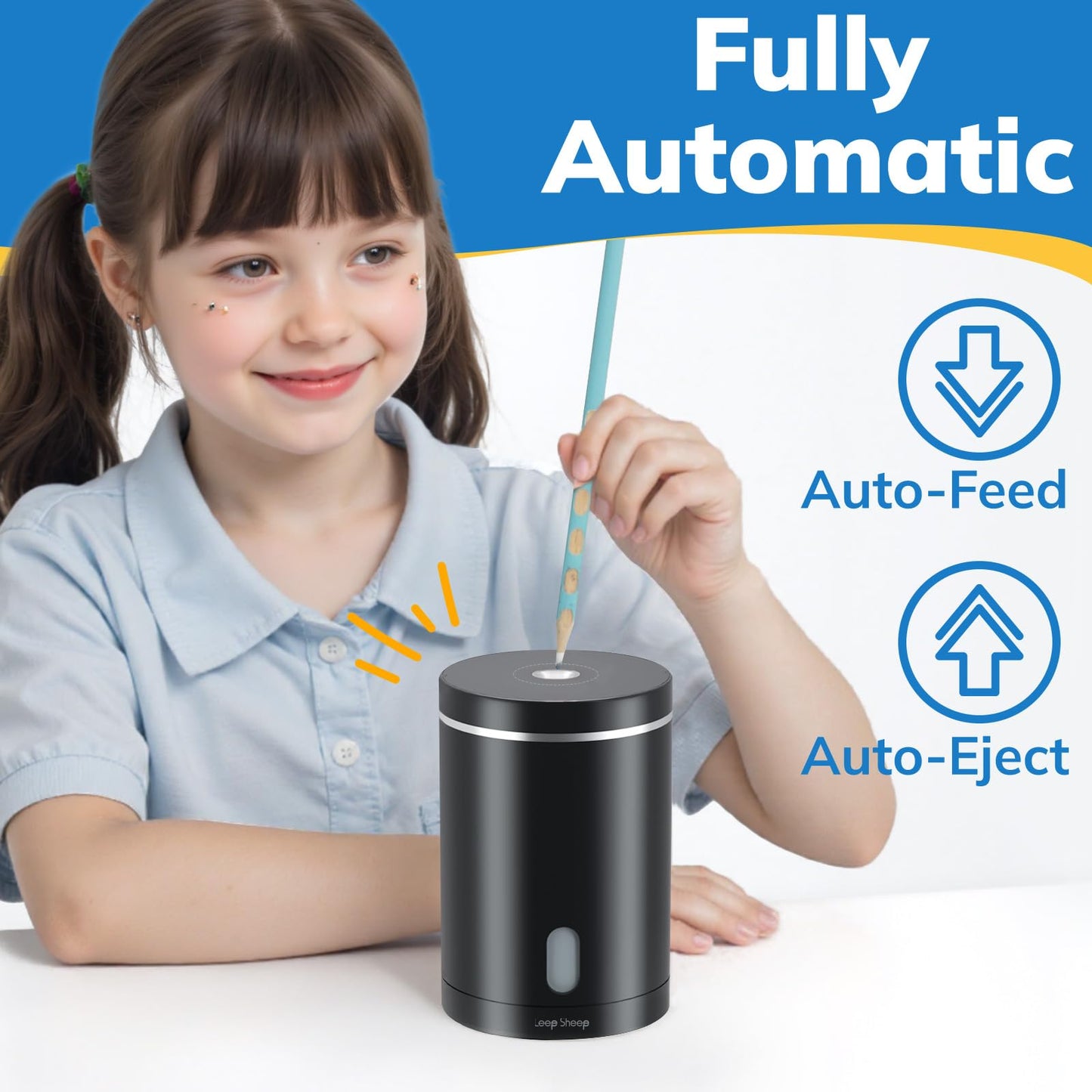 leep sheep Electric Pencil Sharpener, Fully Automatic Pencil Sharpener with Auto in and Out, Rechargeable and Hands-Free for Standard 6-8mm Pencils, Perfect for Classroom (Black and Silver)
