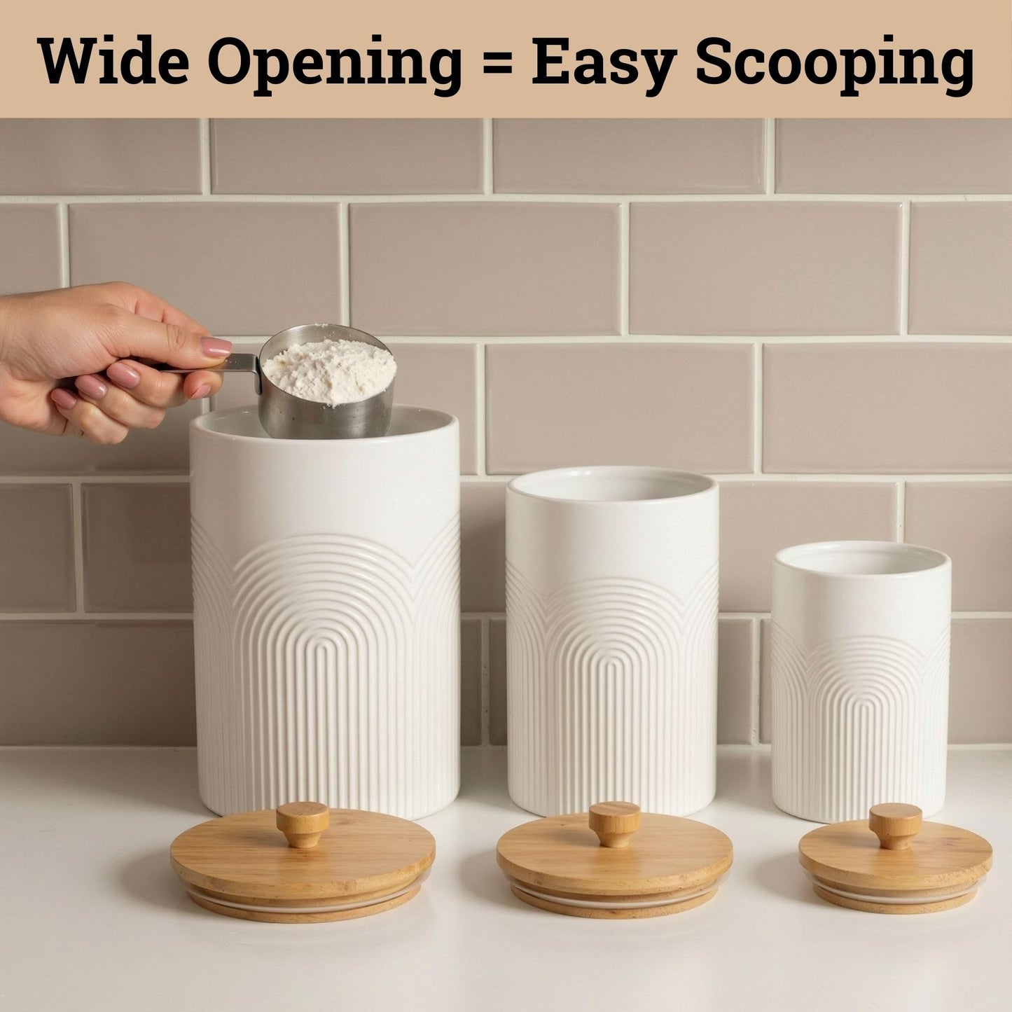 Ceramic Kitchen Canisters for Countertop Set of 3 with Airtight Bamboo Lids - White Kitchen Canisters with Airtight Lids - Flour Sugar Canister Set - Flour and Sugar Containers Farmhouse - Coffee Jar