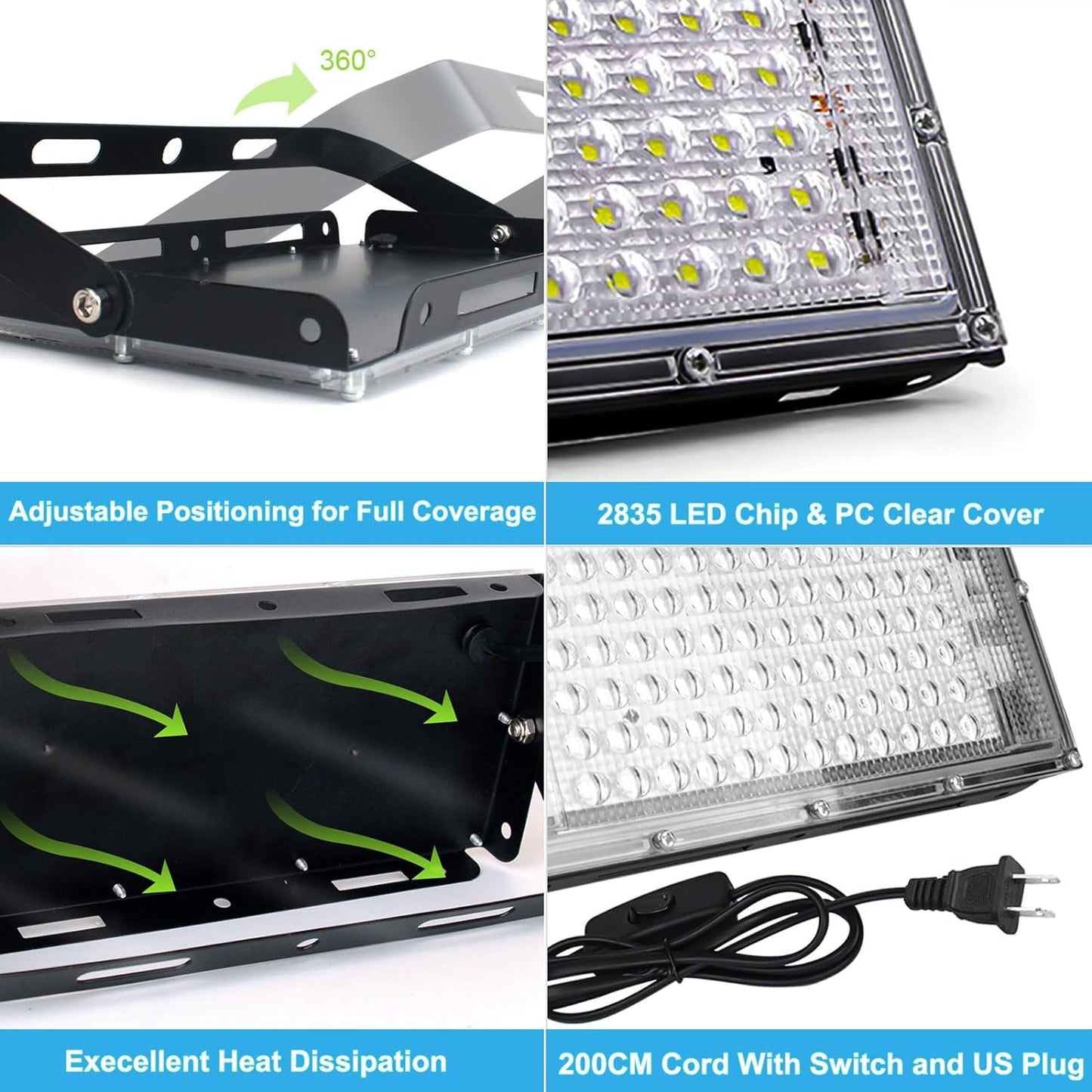 100W LED Outdoor Flood Light, 2 Pack 8000LM Plug in Flood Light Outdoor, IP66 Waterproof Exterior Security Lights, 6500K Daylight White Super Bright Floodlight for Garage, Yard, Lawn, Garden