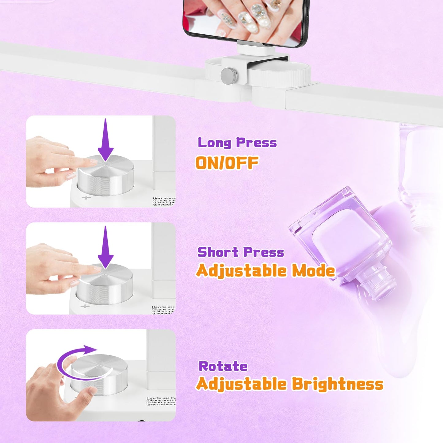 34" Foldable Nail Tech Lamp with Phone Holder, 456 LEDs Bright Nail Light for Desk, Stepless Dimming & 3 Color Modes (3000K-6000K) for Professional Manicure, Lash, Tattoo Studio, Eyebrows, Beauty