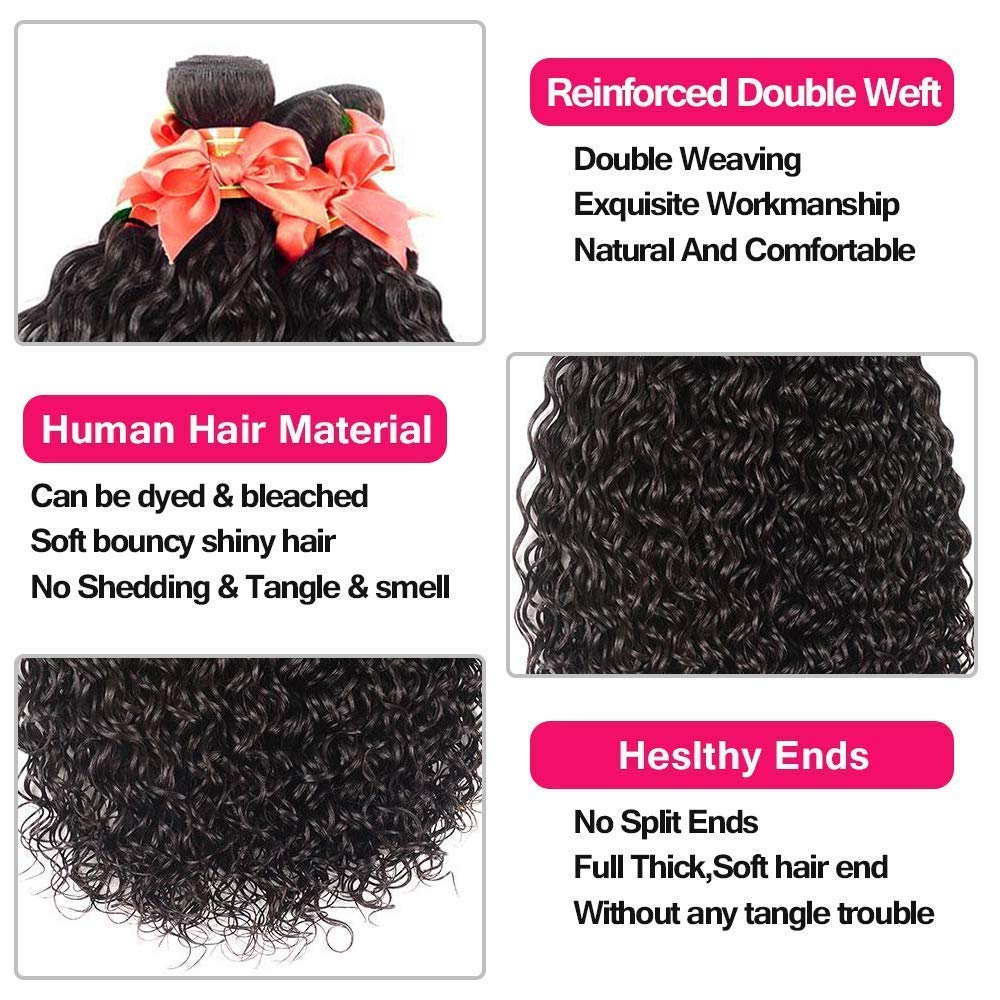 Brazilian Hair Water Wave 3 Bundles with Closure Wet and Wavy Human Hair Bundles Ocean Wave Human Hair Weave Extensions Human Hair Bundles Brazilian Water Curly Hair (16 18 20 +14)
