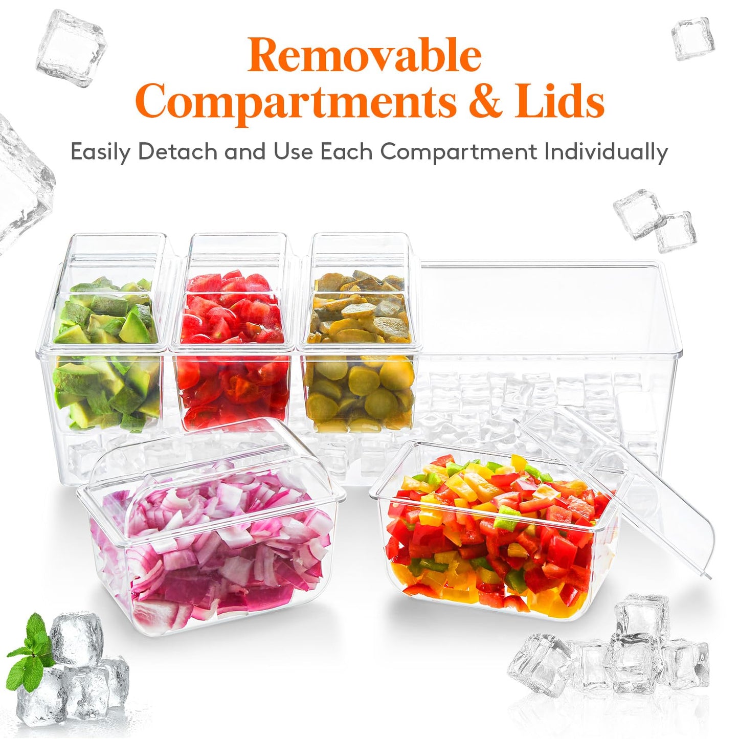 Lifewit 2 Pack Ice Chilled Condiment Caddy with 5 Containers(2.5 cup), Condiment Server with Separate Lids, Serving Tray Platter for Bar Accessories, Fruit, Salad, Taco, Party Garnish