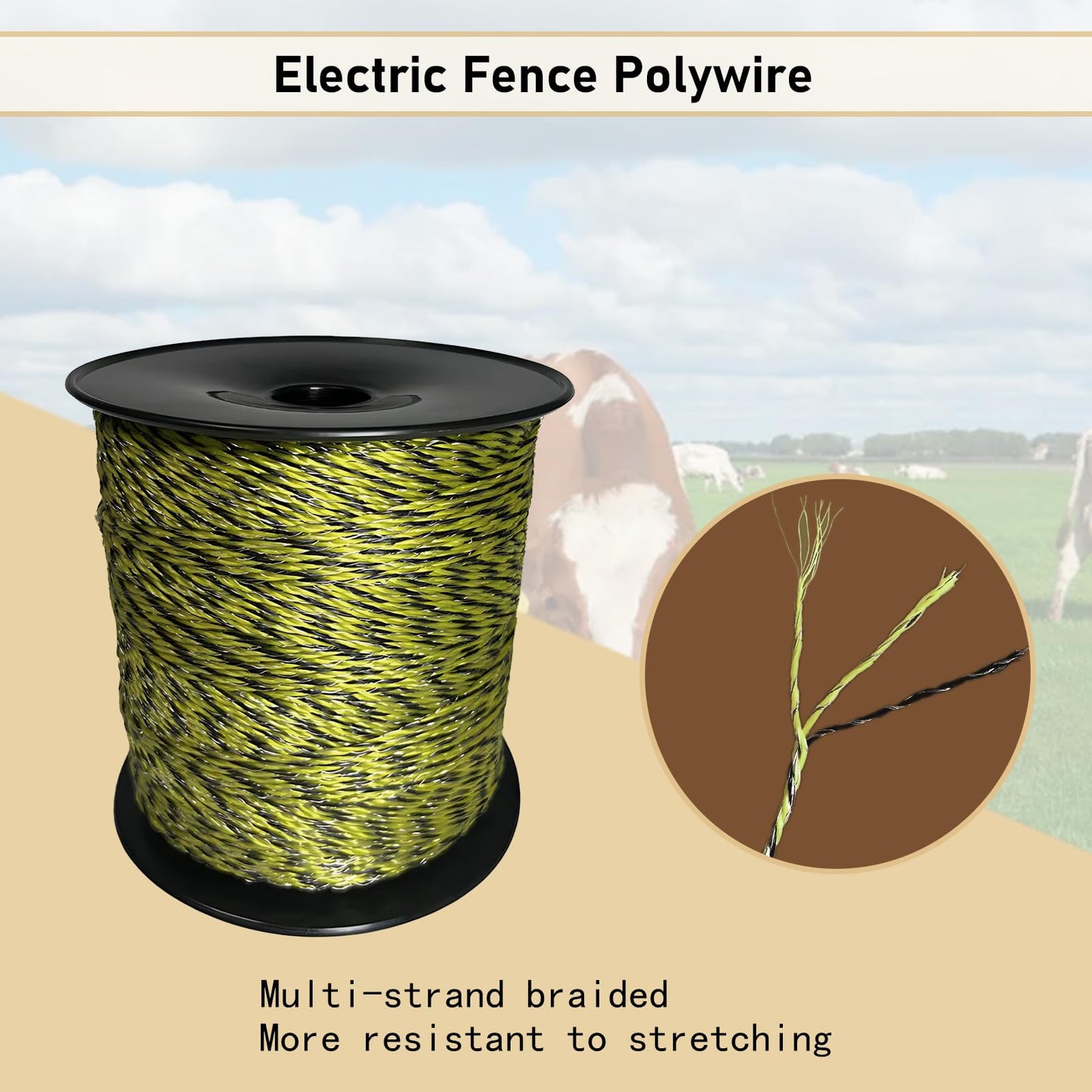 Electric Fence Polywire 1640Ft, 500 Meters Durable Conductors for Reliable Conductivity, UV & Rust Resistant, Portable Electric Fencing for Livestock and Farm Use