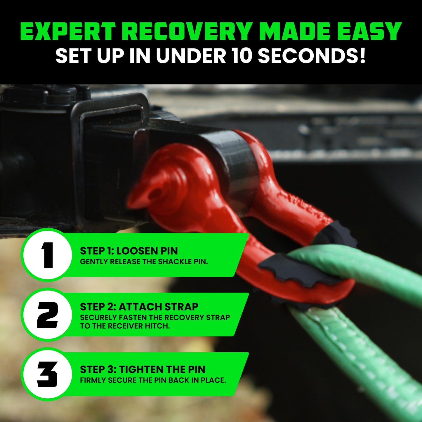 Rhino USA Shackle Hitch Receiver (Fits 2" Receivers) Best Towing Accessories for Trucks, Jeep, Toyota & More - Connect Your Rhino Tow Strap for Vehicle Recovery, Mounts to 2" Receiver Hitches (Red)