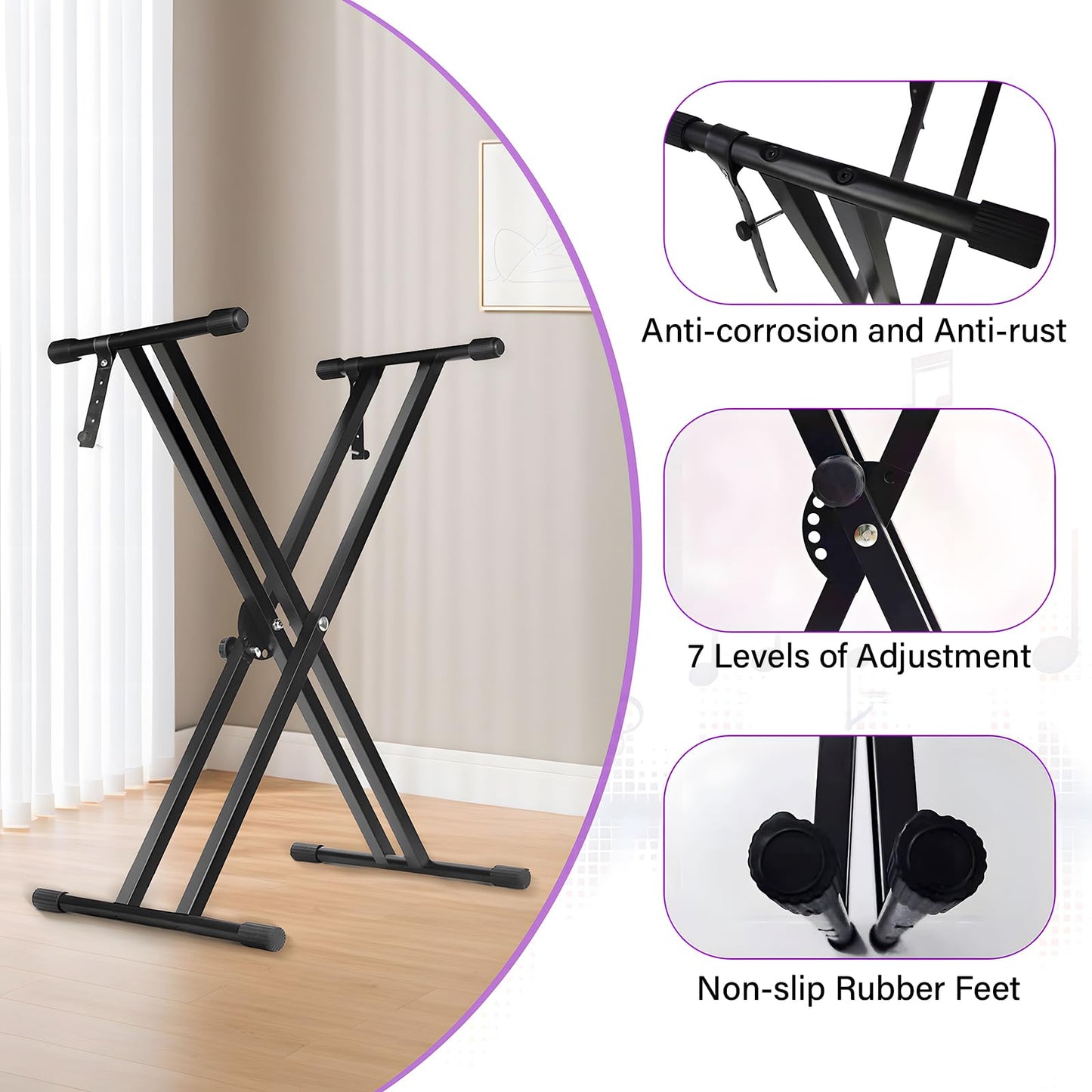 ASDJAKZP Keyboard Stand and Bench Set, Piano Keyboard Stand and Bench with Lockable Straps & Non-Slip Pads, Double-X Keyboard Stand Adjustable Digital Piano Stand and Bench, 7 Adjustable Heights (Black)