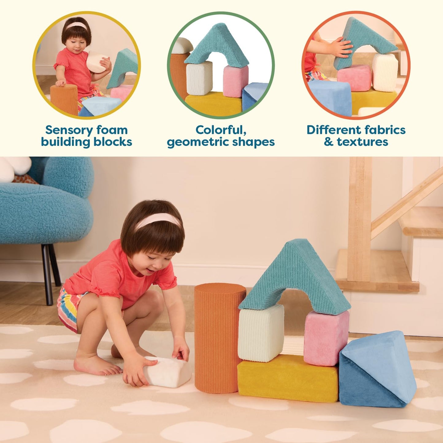 B. Toys – Sensory Foam Building Blocks for Kids – 8– Pieces Textured Stacking Toys for Babies 6– 12 Months – Soft Geometric Shapes with Tactile Fabric Cover – Foam Blocks for Toddlers