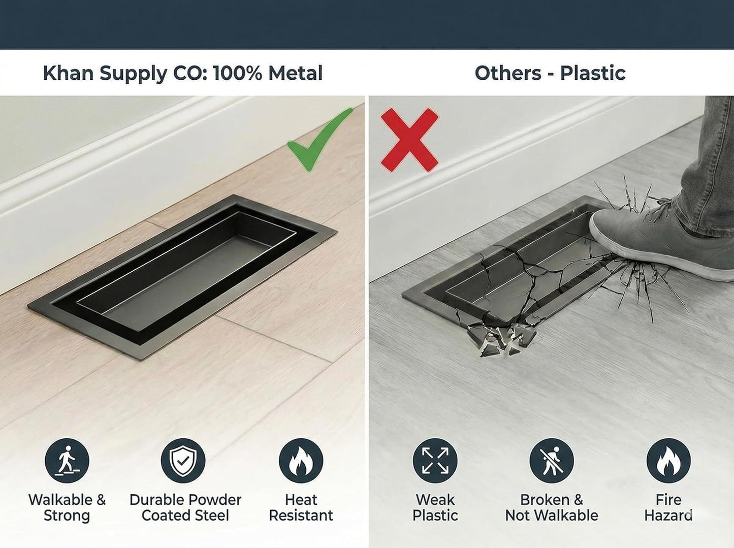 Khan Supply CO Upgraded 4x10 Metal Floor Vent - 2-in-1 Design with Matte Black Insert or Flooring Inlay, Heavy Duty Flush Register, Low Profile Air Grille, High Airflow - 2 Year Warranty