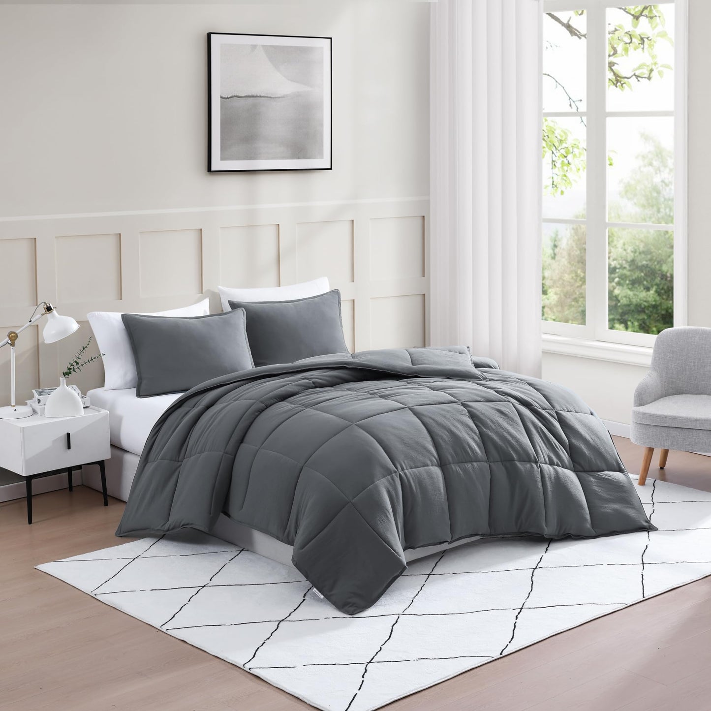 Casa Platino Queen Comforter Set 3 Piece - Charcoal Grey - 300 GSM Fill Weight Down Alternative All Season Bedding - Pre-Washed Brushed Microfiber - Oeko-TEX - Corner Tabs - 88"×88"
