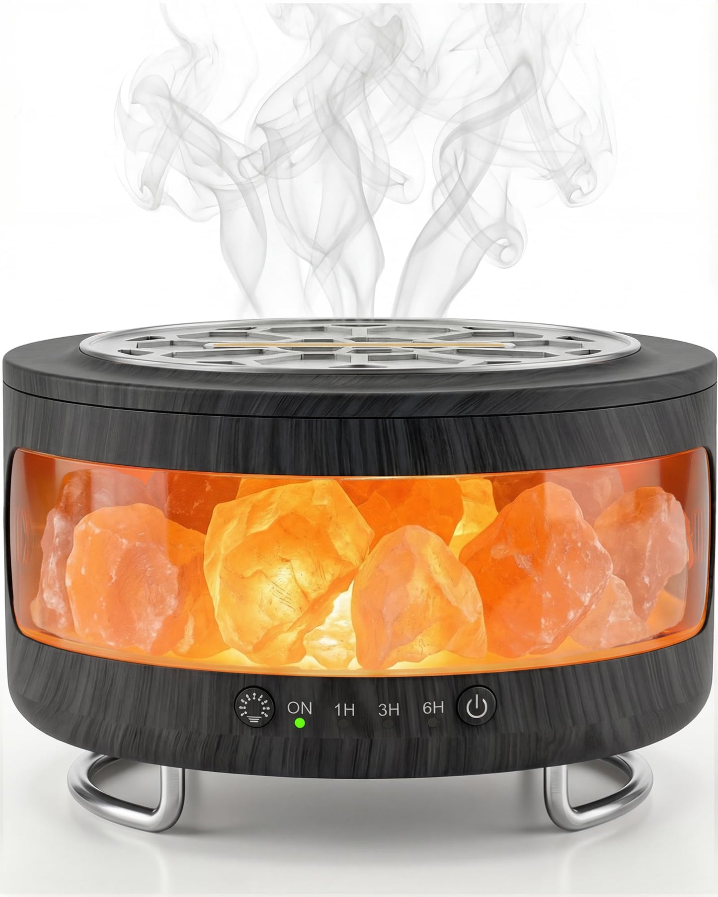 Essential Oil Diffuser with Himalayan Salt Lamp, 350ml Ultrasonic Aromatherapy Humidifier, 7 Colors LED Light, Timer & Auto Shut-Off for Home Bedroom Office Spa Yoga Black Wood Grain
