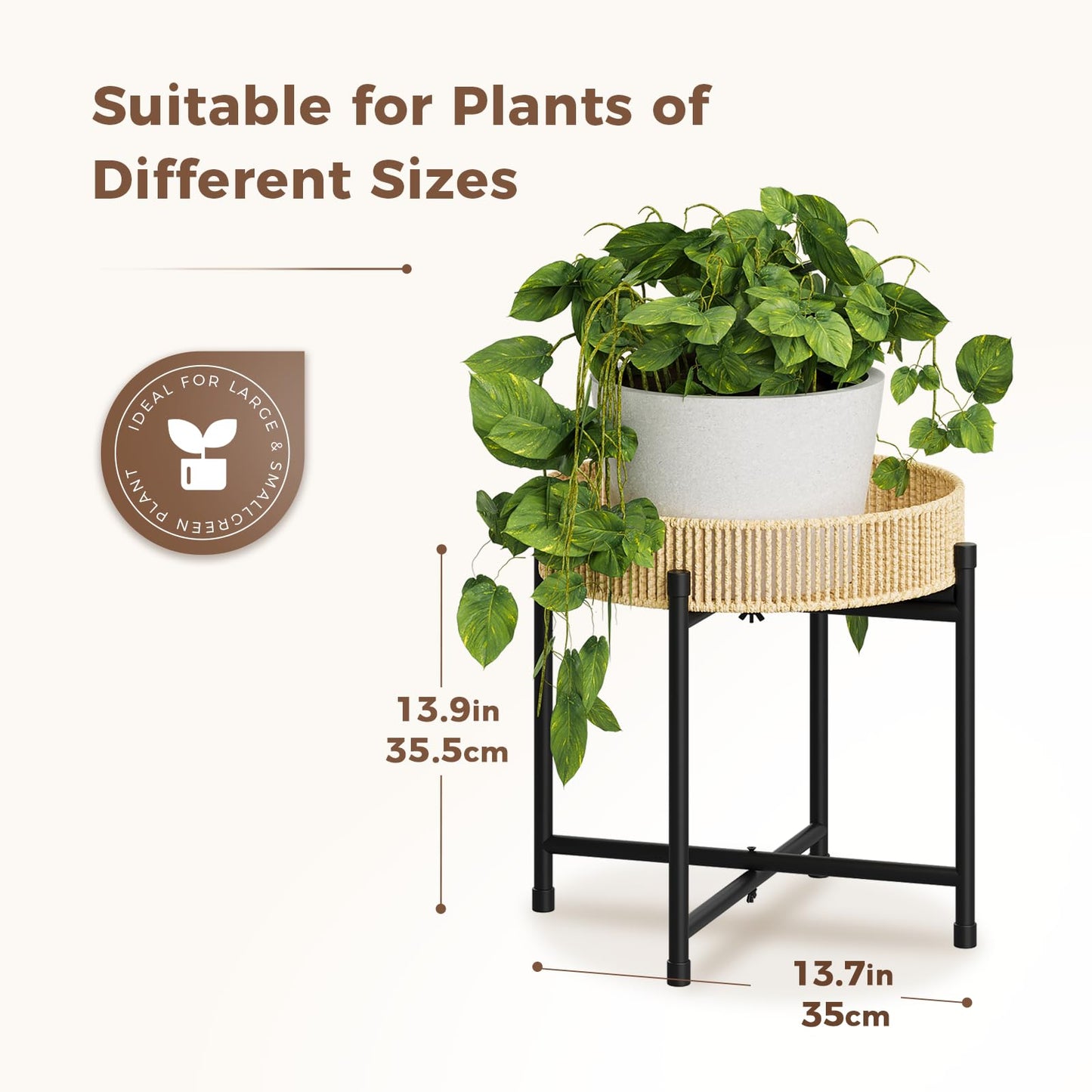 Bamworld Round Plant Stand Rattan Plant Shelf Plant Table Handwoven Rope End Table Coffee Table for for Small Spaces Elegant Flower Holder for Patio Balcony