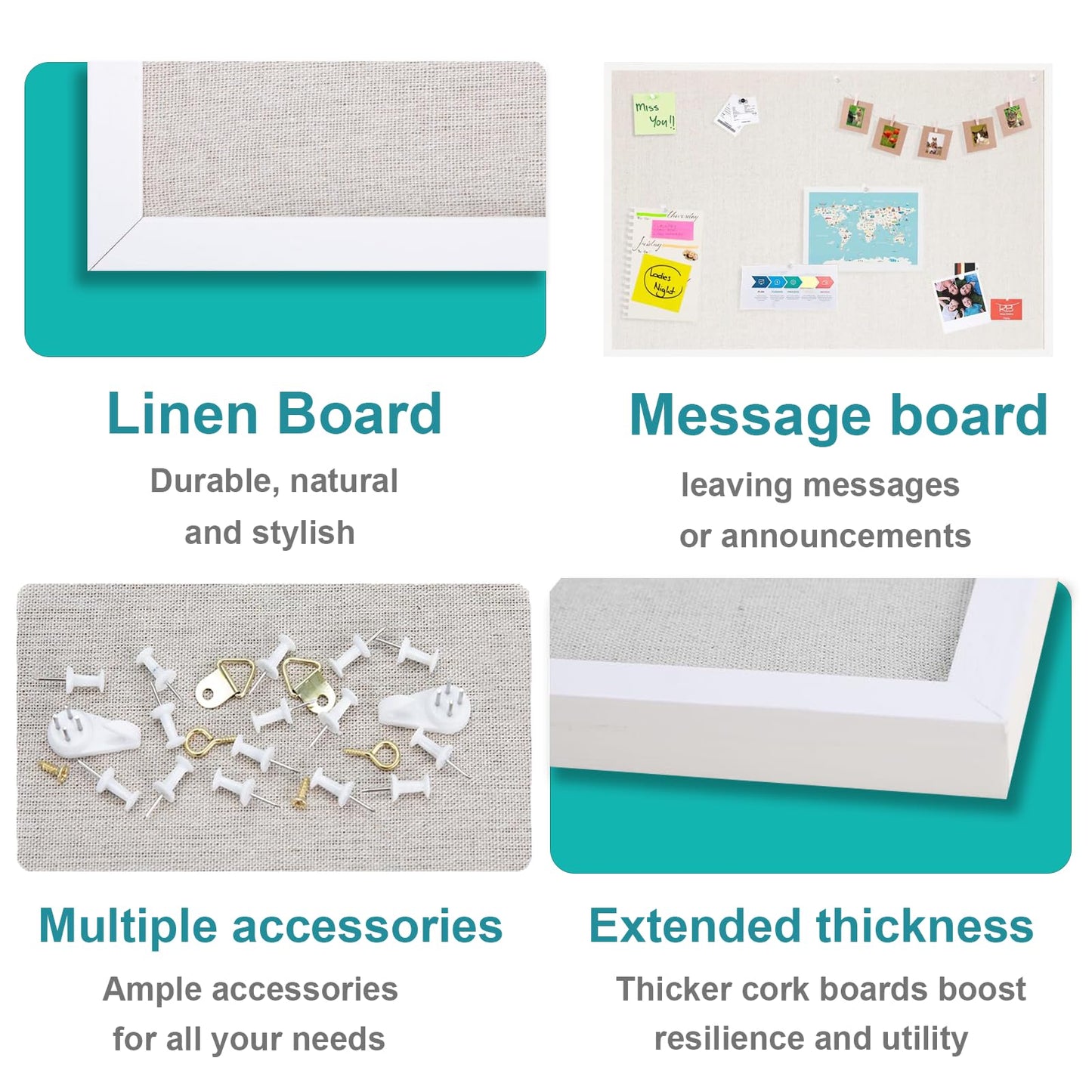 AMKIOKIO 24x36 Inch White-Framed Linen Cork Board - Stylish Home Decor, Versatile Pinning Surface, Includes Hanging Kit