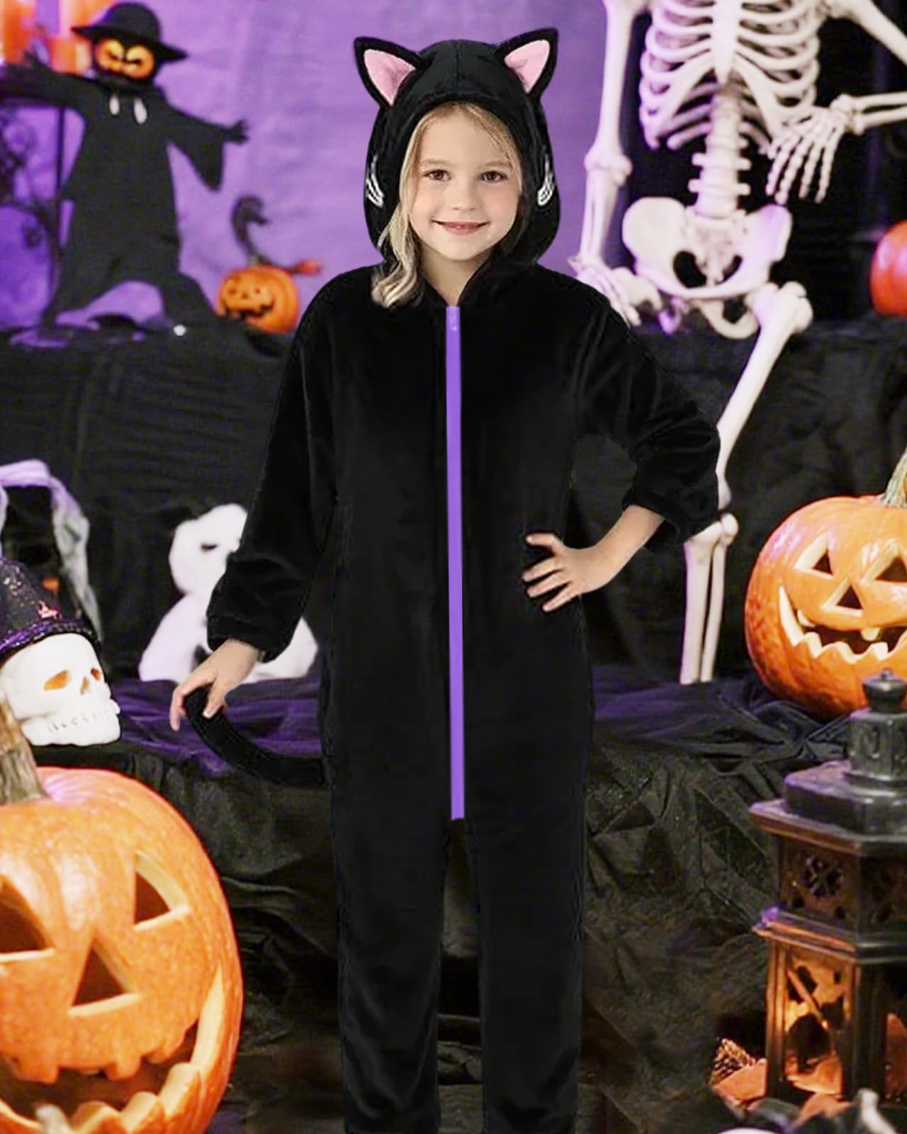 Trsenvrml Girls Halloween Costume Kids Cat Cosplay Black Dress Up for Girl Hooded Halloween Romper Jumpsuit (Cat, 6-7T)