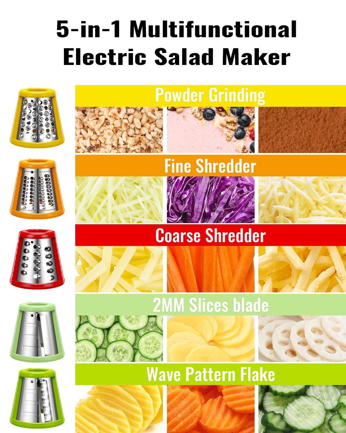 Electric Salad Grater 5 in 1 Electric Cheese Grater for Home Kitchen, Easy One Touch Control, with Safety Slider, Electric Cheese Grater for Zucchini