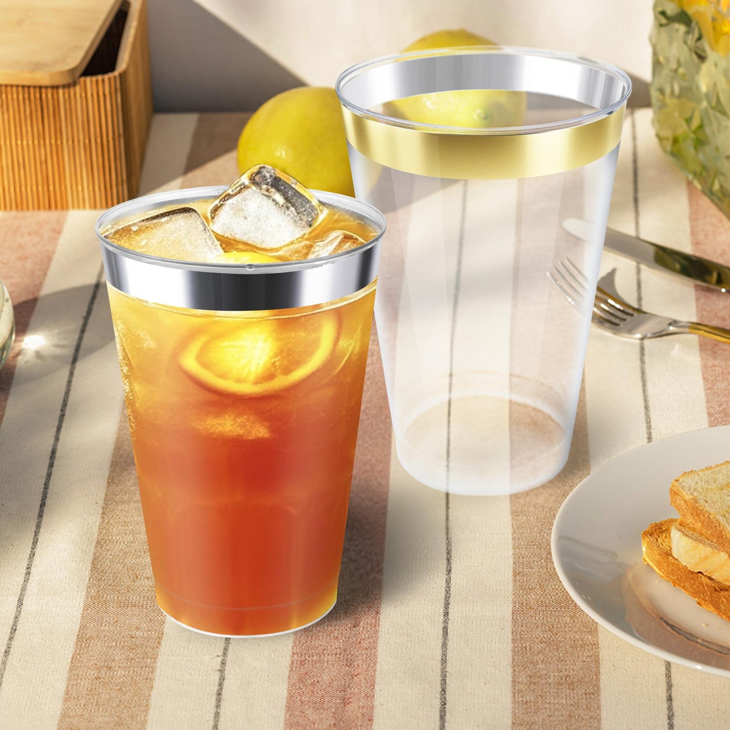 Byvivace [200 Pack 12oz Clear Plastic Cups with Silver Rimmed Sturdy & Food Safe Disposable Wine Glasses Party Cups Wedding Cups Disposable Drinking Cups for Wine, Juice, Cocktails and Cold Beverages