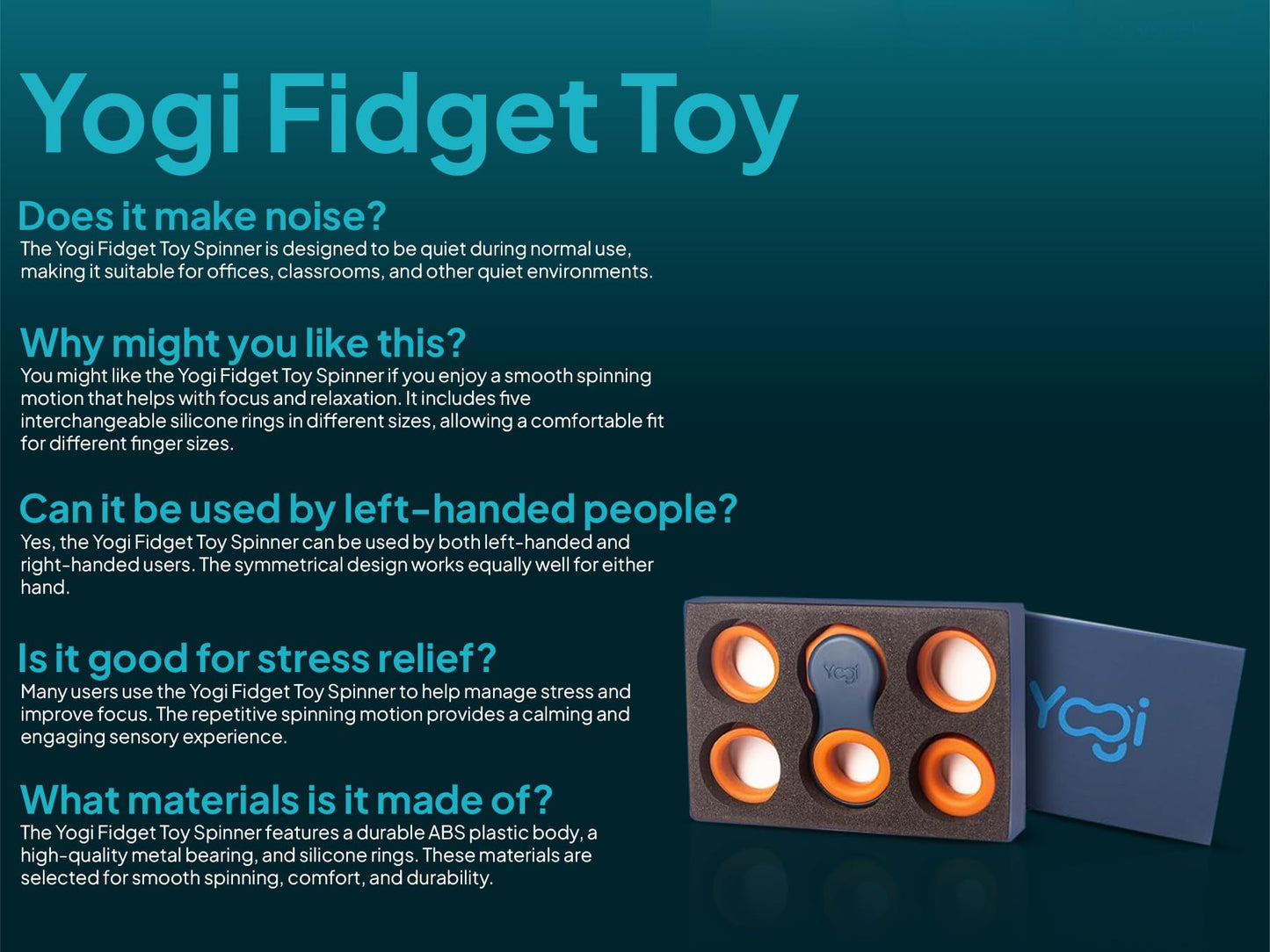 Yogi Fidget Toy, Stress Reducer, Perfect for ADHD, ADD, Anxiety and Autism, for Kids and Adults, Sensory Gadget, Fidget Spinner with Five Ring Sizes, Easy to use and Fun (Black & Blue (2 Pack))