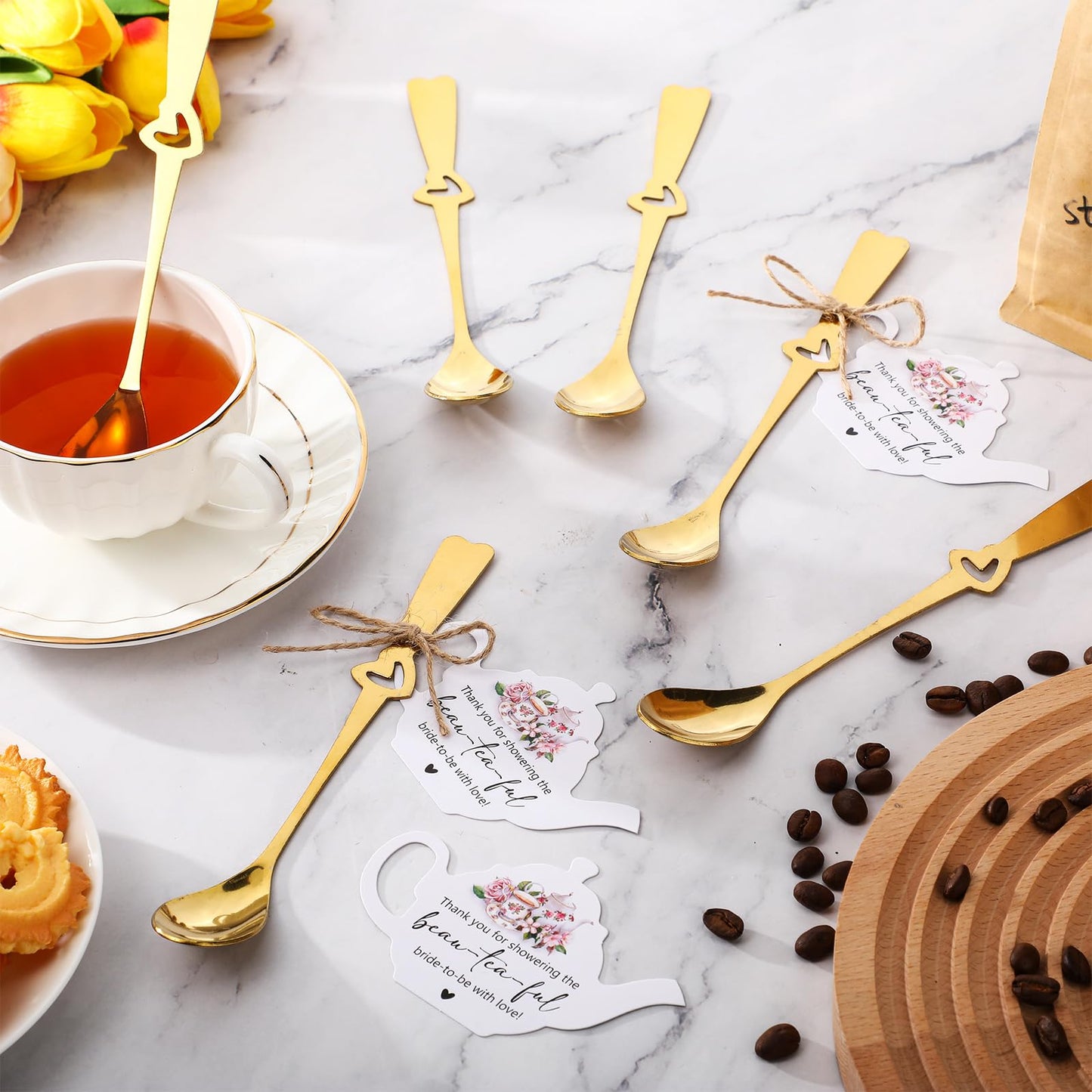 Skybooly 50 Sets Bridal Shower Tea Party Favors for Guests Mini Coffee Spoons Small Spoons Heart Spoon with Teapot Idea Thank You Cards and Hemp Rope Wedding Souvenirs Tea Party Supplies