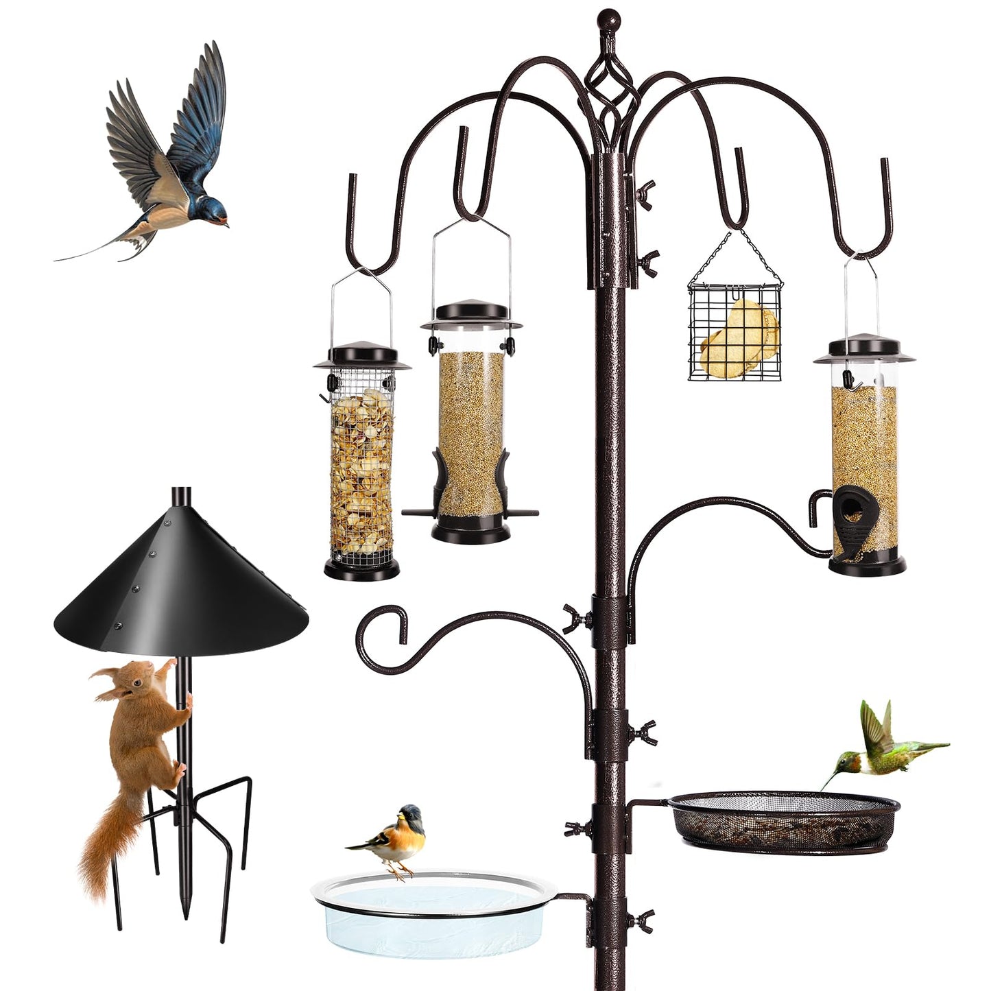 YINGYM 6-Hook Bird Feeding Station Kit Wild Bird Feeder Stand Pole, Multi-Feeder Hanging Kit Stand with Bird Bath, Mesh Tray and Squirrel Guard Baffle, 94 Inch