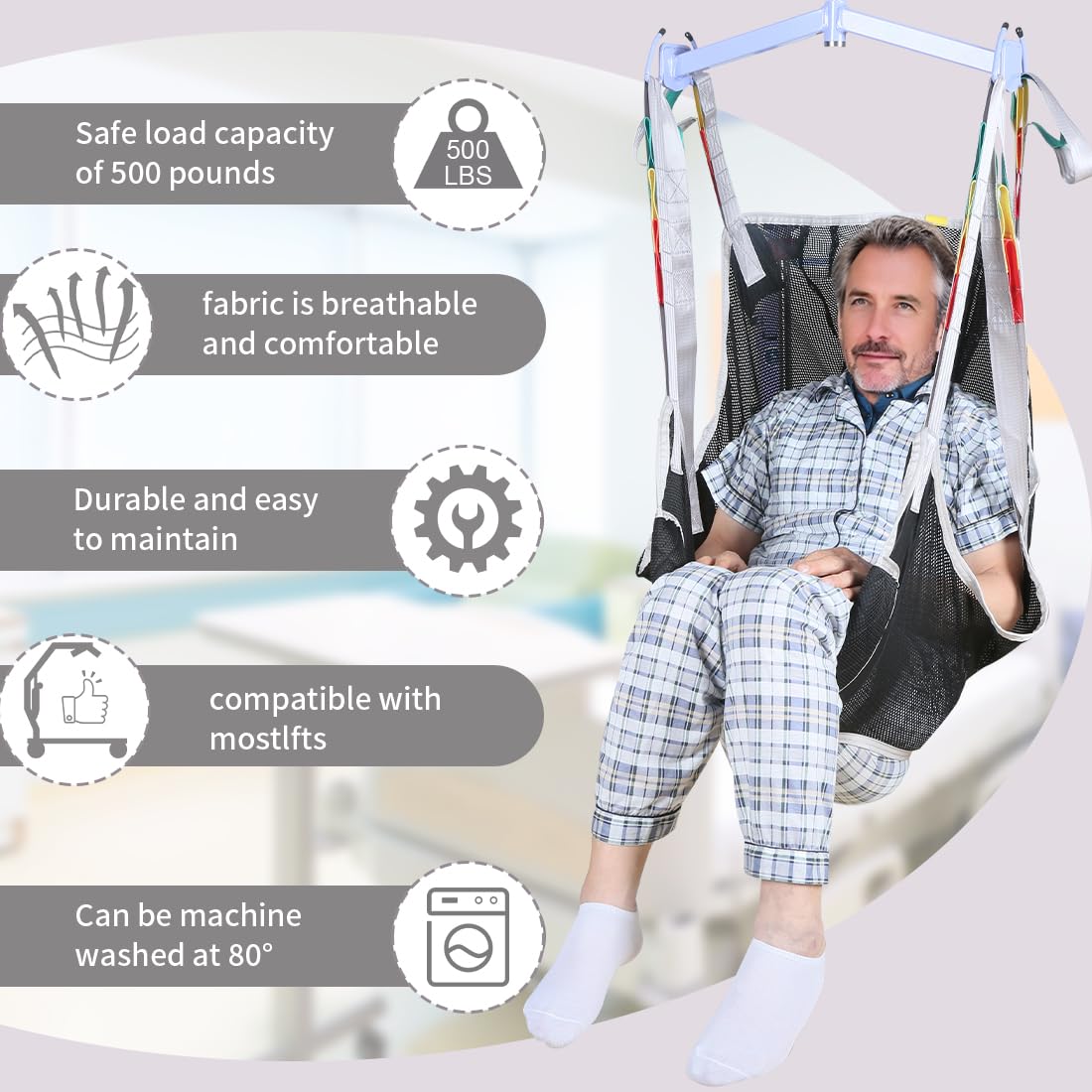 6-Point Universal Full Body Patient Lift Sling,Breathable Mesh & Commode Opening,Fit for Hoists Safe Weight Capacity of 500 lbs (Small)