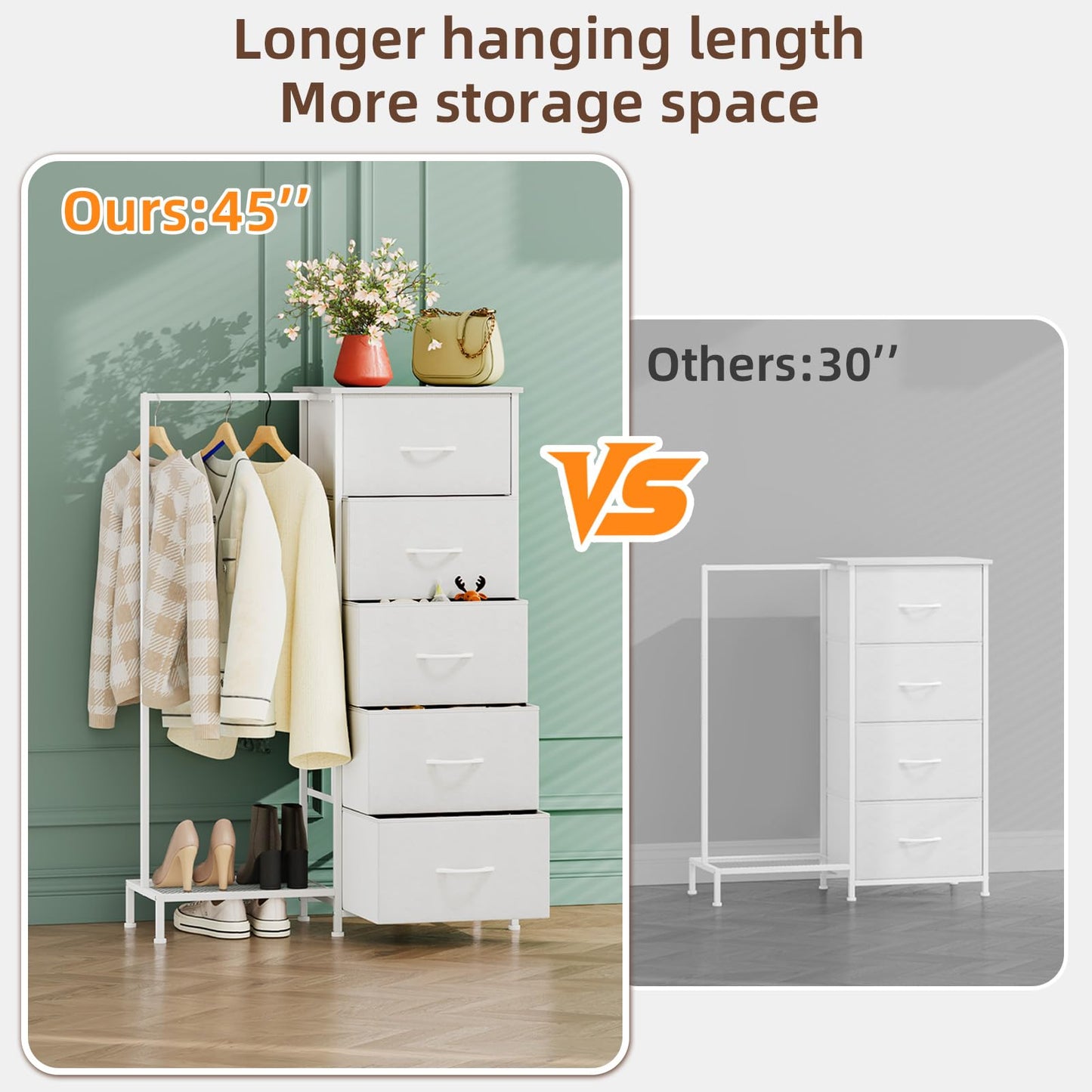 Somdot Dresser with Hang Rack,5 Drawers Small Dresser for Bedroom,Reversible Fabric Chest of Drawers with Clothes Rack,Tall Storage Tower for Closet,Living Room,White Leather