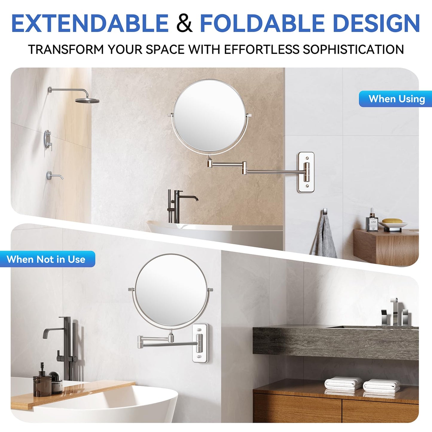 Auxmir 30X/1X Wall Mounted Makeup Mirror, 8" Double-Sided Magnifying Mirror with Tweezers, Bathroom Vanity Makeup Mirror, Cosmetic Mirror with 360° Swivel Extendable Arm, Chrome