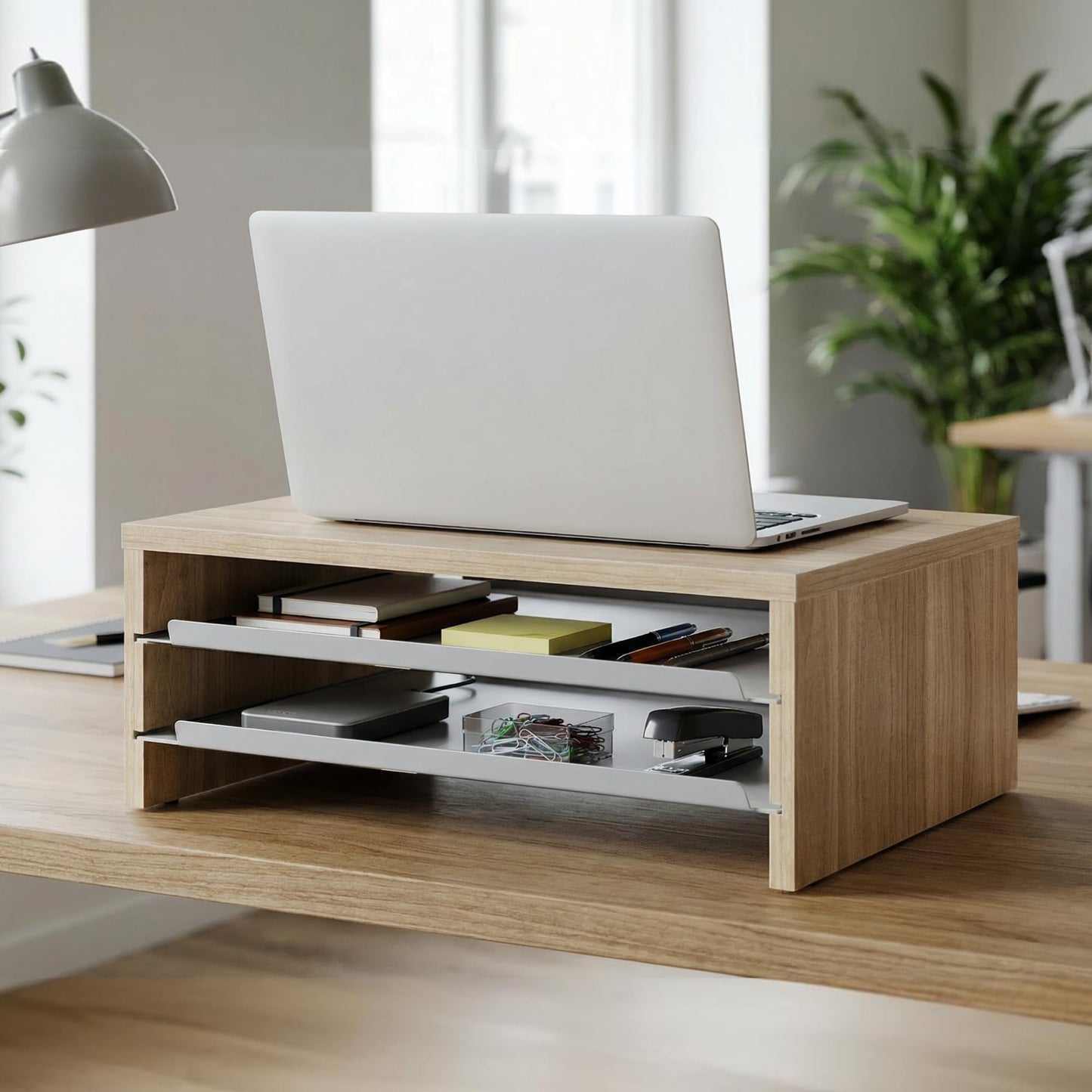 FENGE Monitor Stand, 3-Tier Monitor Riser with Slide-Out Tray, Wooden and Metal Desktop Organizer for Home Office, Computer, Laptop, Printer, Telephone,Oak