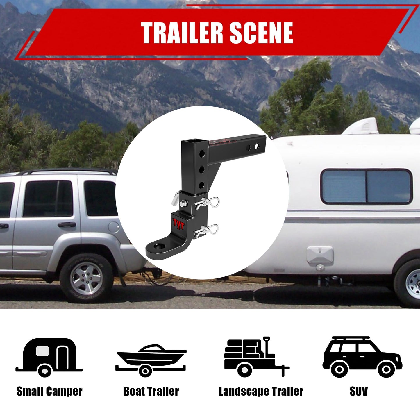 TYT Adjustable Trailer Hitch Ball Mount, 6-Position Tow Hitch, Fits 2-Inch Receiver, with 1" Hitch Ball Hole, 9-1/2" Drop & 8-1/4" Rise Drop Hitch, 7500 lbs