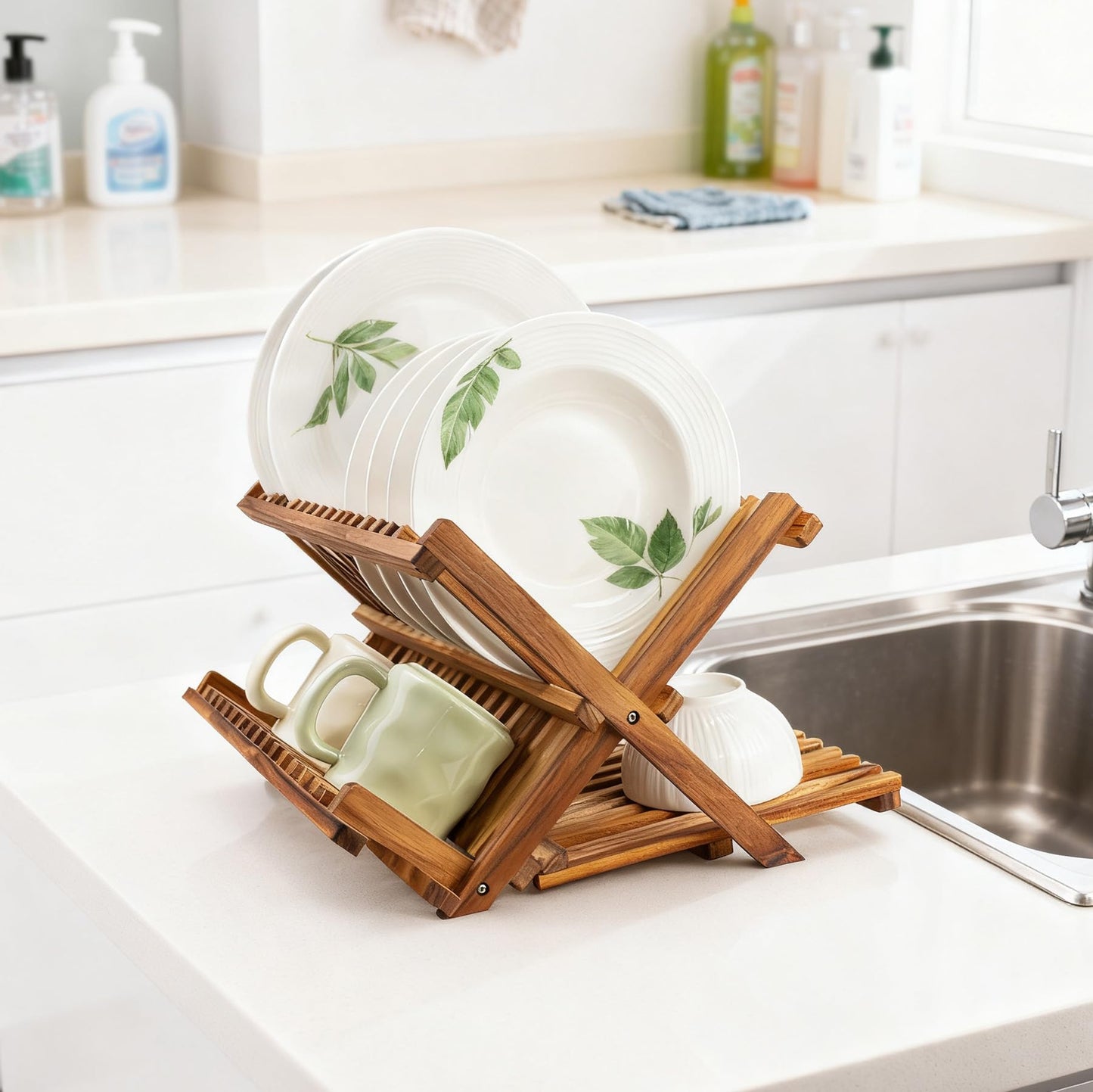 Utoplike Teak Wood Dish Rack, 3 Tier Dish Drying Rack Collapsible, Folding Dish Drainer Rack Wood, Space-Saving Countertop for Dishes, Plates, Cups