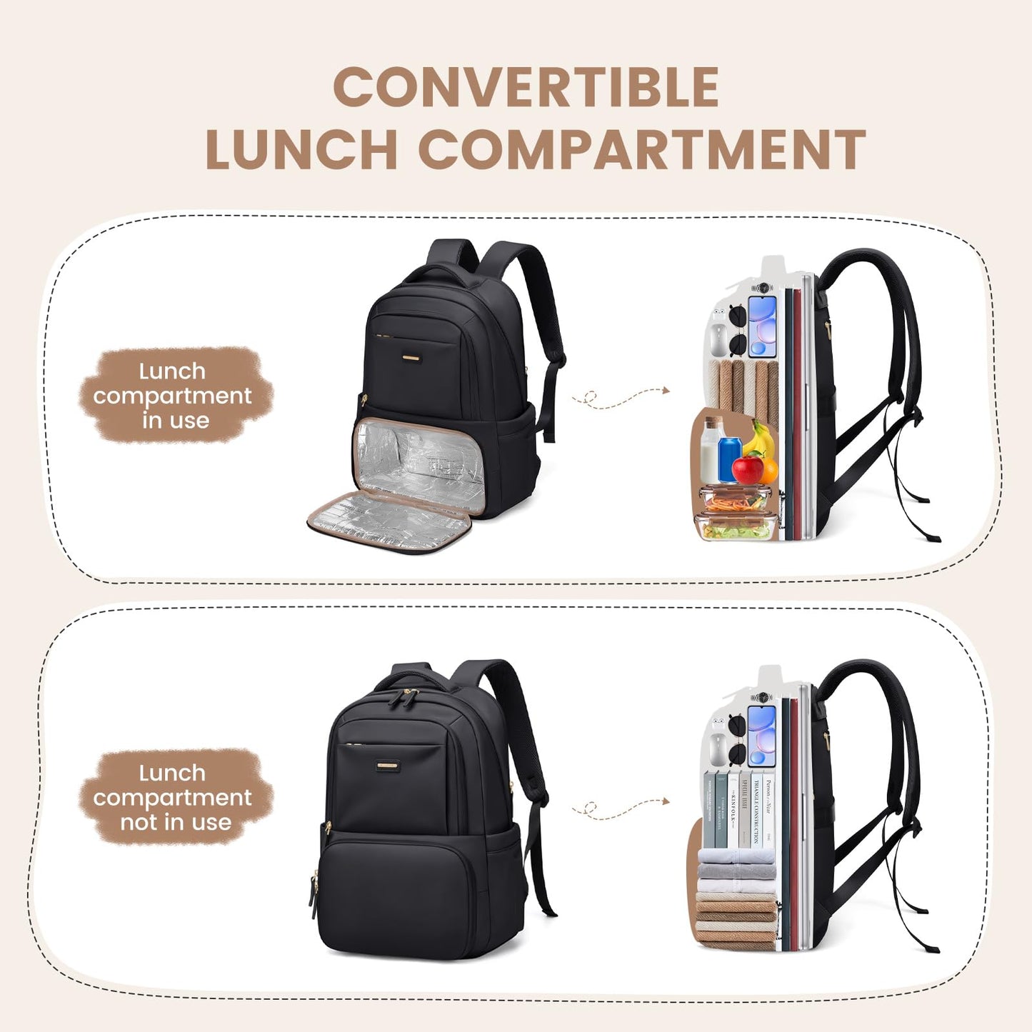 Lunch Backpack 16 Inch Laptop Backpack with Insulated Cooler Lunch Box Food Bag for College Work Camping Picnics (Black)