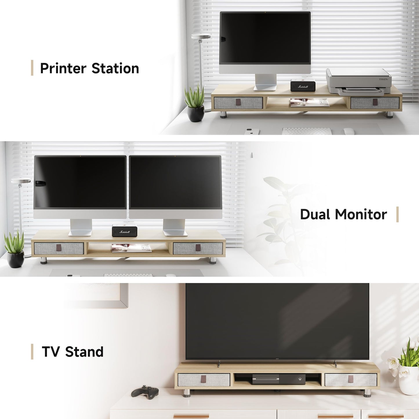 FENGE Dual Monitor Stand with 2 Drawers 42.5 Inch Large Computer Monitor Riser for Desk, Adjustable Height Desk Organizer with Storage for Laptop, PC, TV, Printer, Whole Piece Board Oak