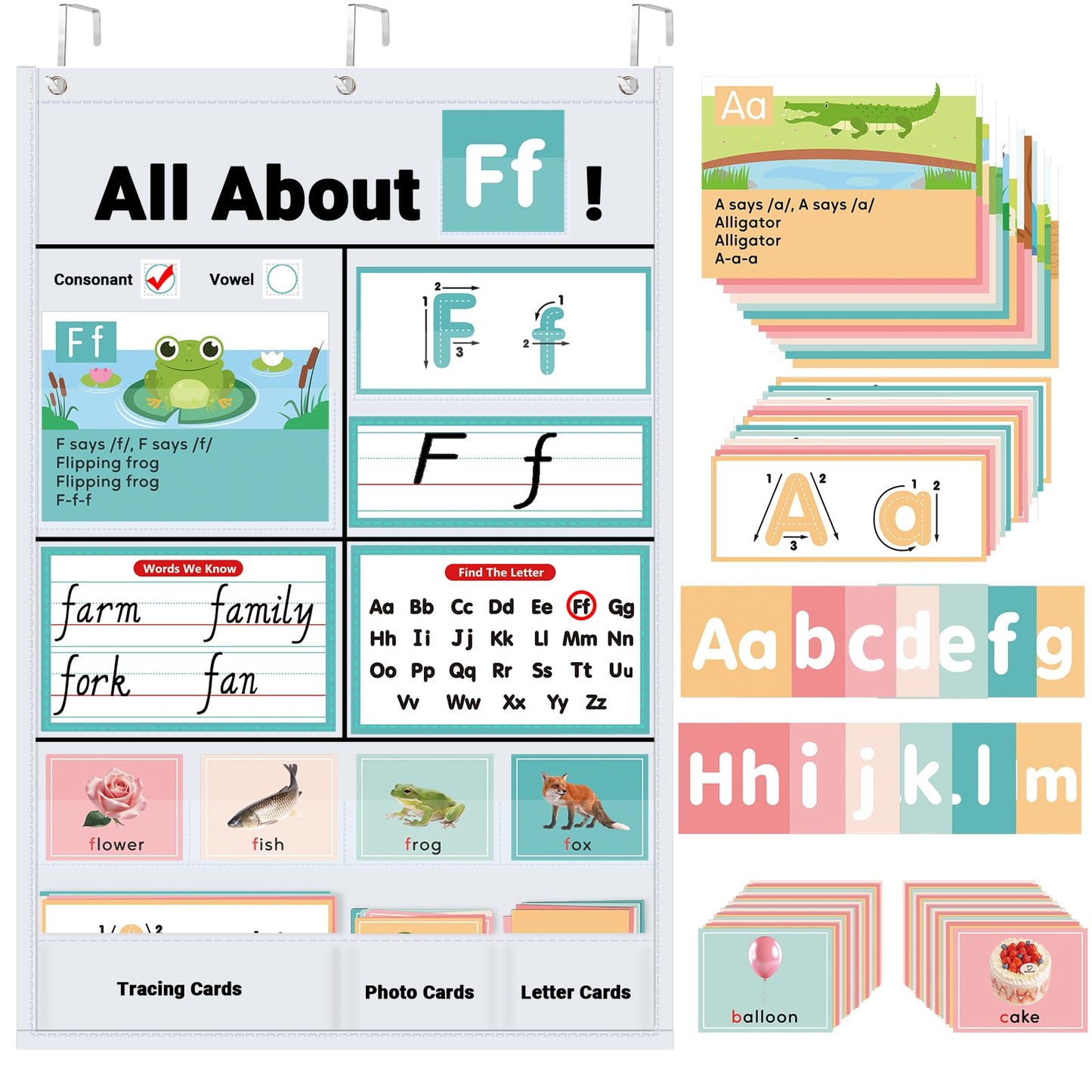 Klyrith All About Letters Pocket Chart for Classroom, Alphabet Learning Chart with ABC Flash Cards, Letter Tracing Educational Wall Chart, Circle Time Center Kindergarten Preschool Home Decor, (White)