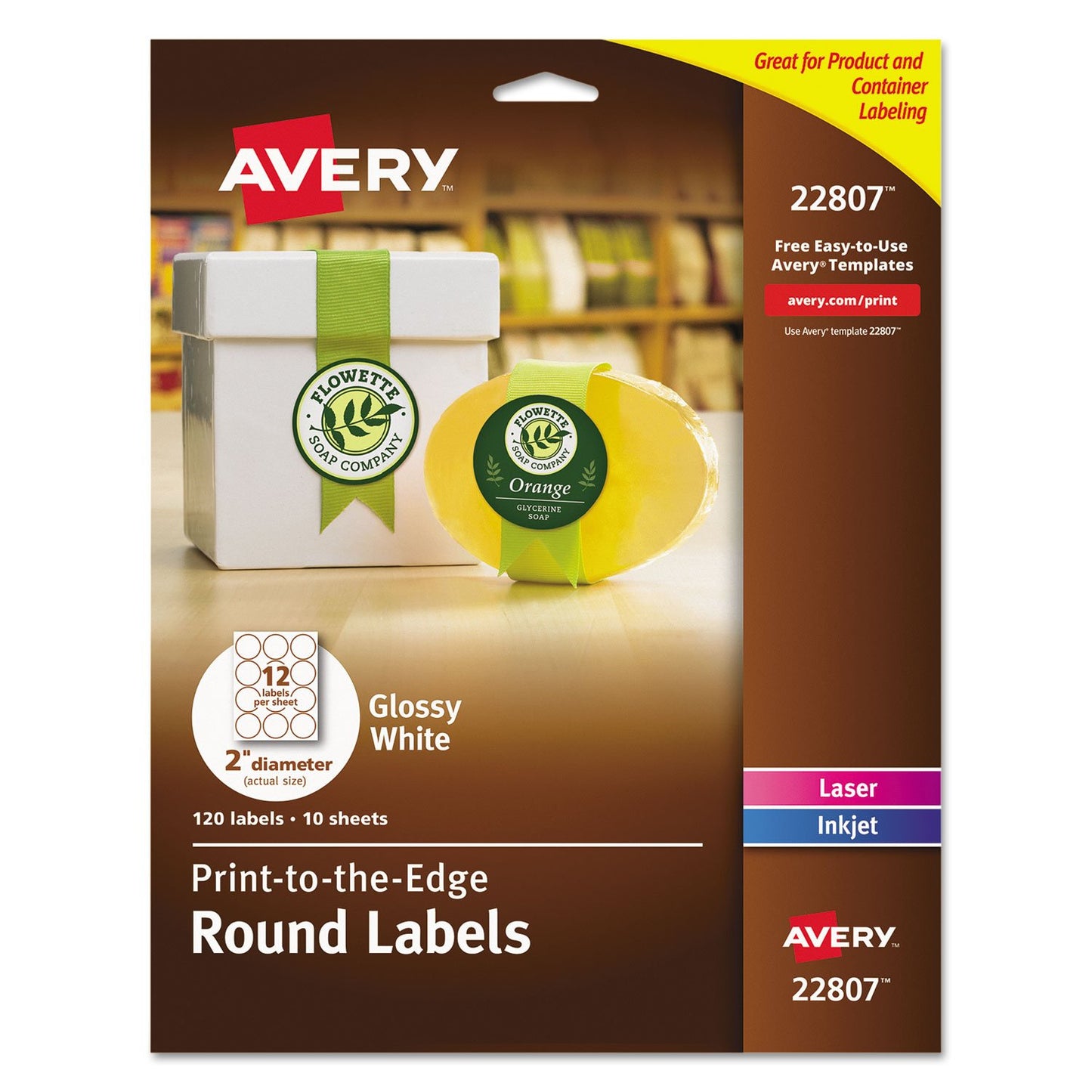Avery Round Labels, 2" Diameter, Permanent, Glossy White, Pack of 120 Labels (22807)