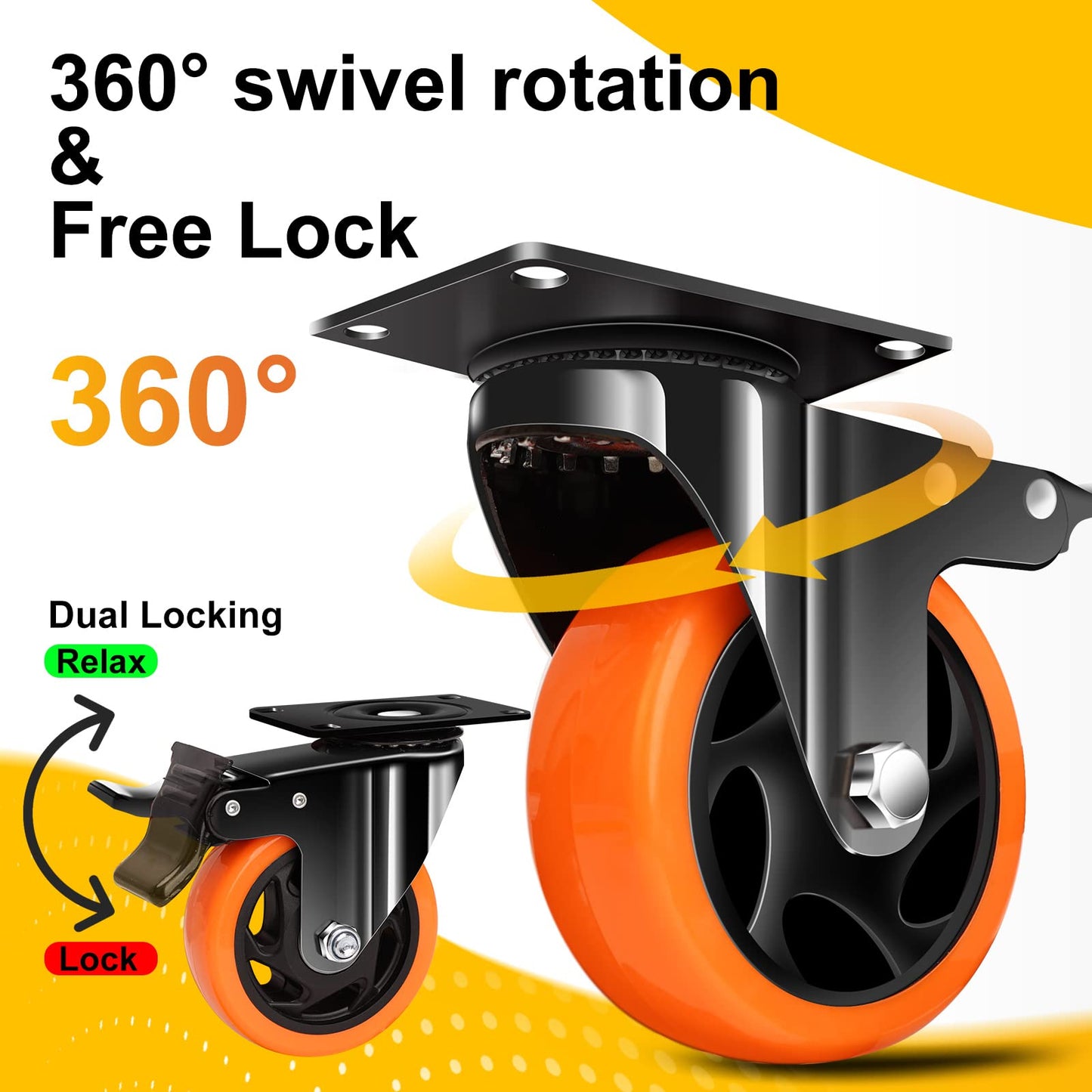 QNCZ 4" Heavy Duty Caster Wheels, Set of 4 with Dual Locking Brake, Industrial Swivel Casters, Polyurethane Wheels for Cart, Trolley, Workbench